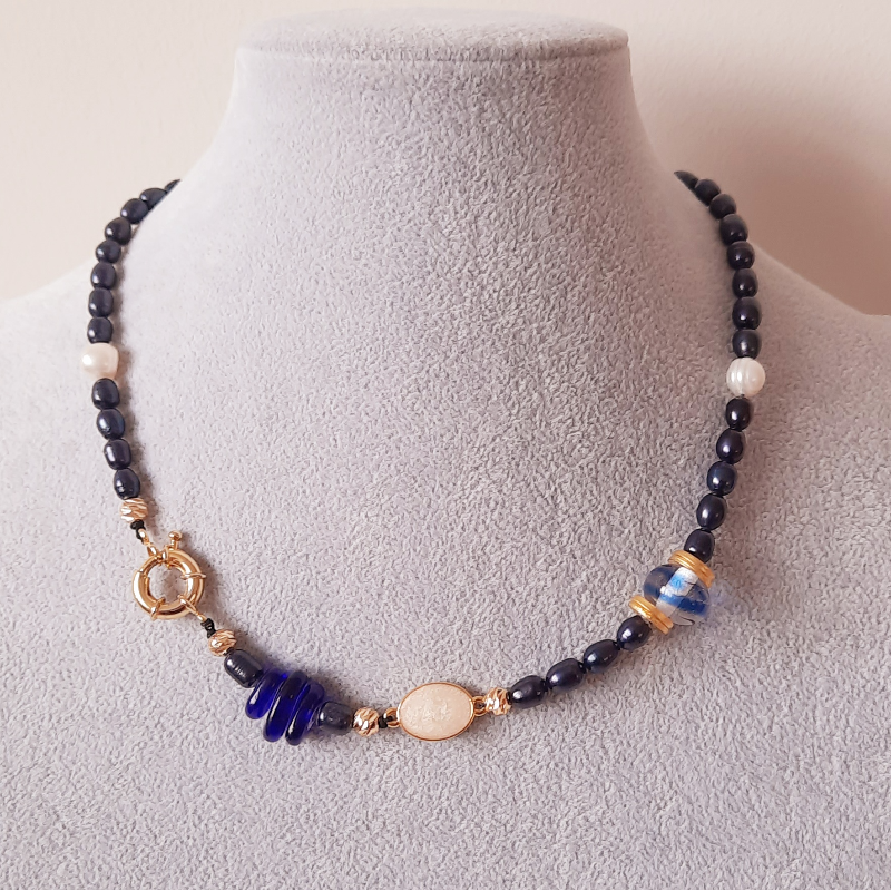 Siyah İnci Murano Cam Özel Tasarım Kolye