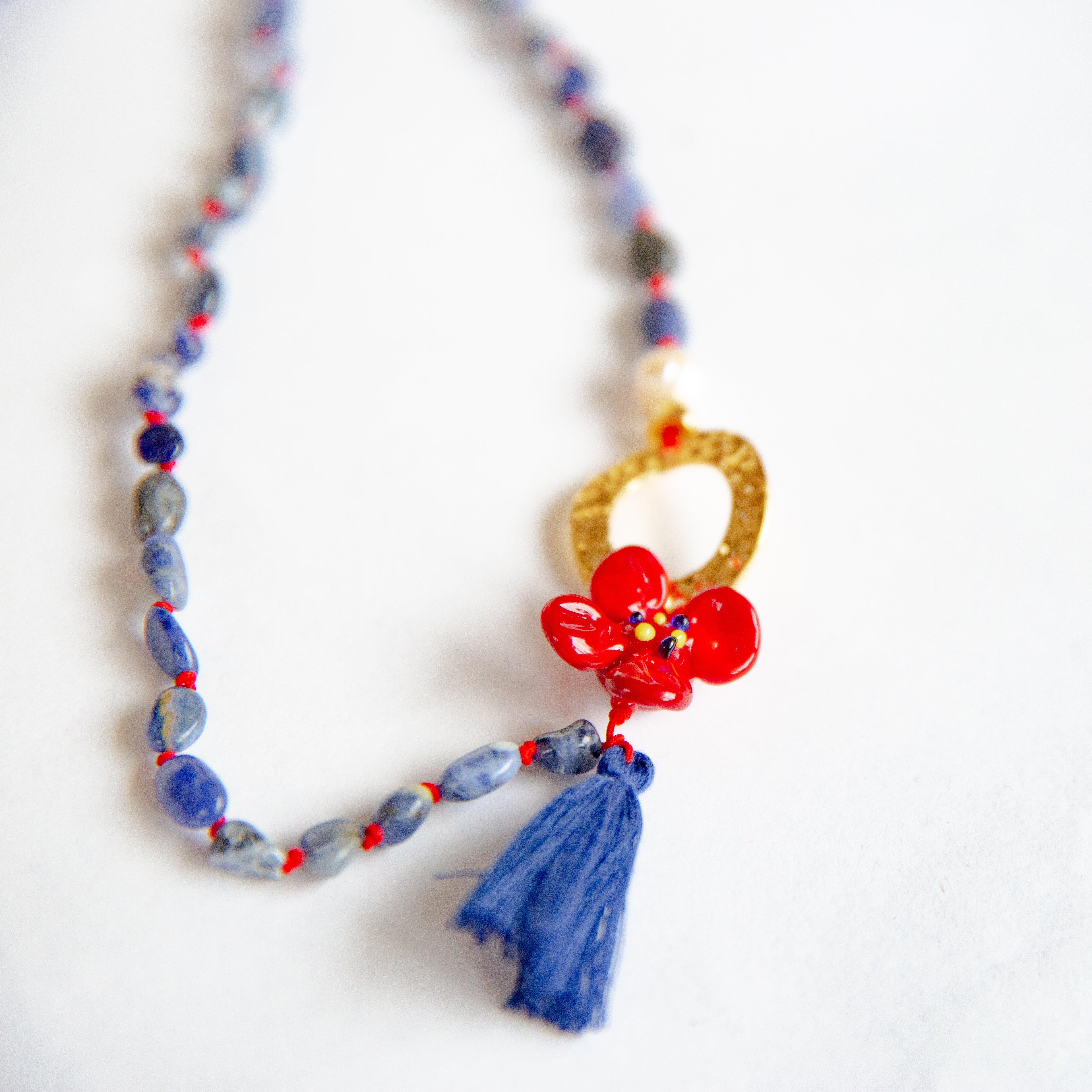 Lapis Doğal Taş Özel Tasarım Murano Çiçekli Kolye