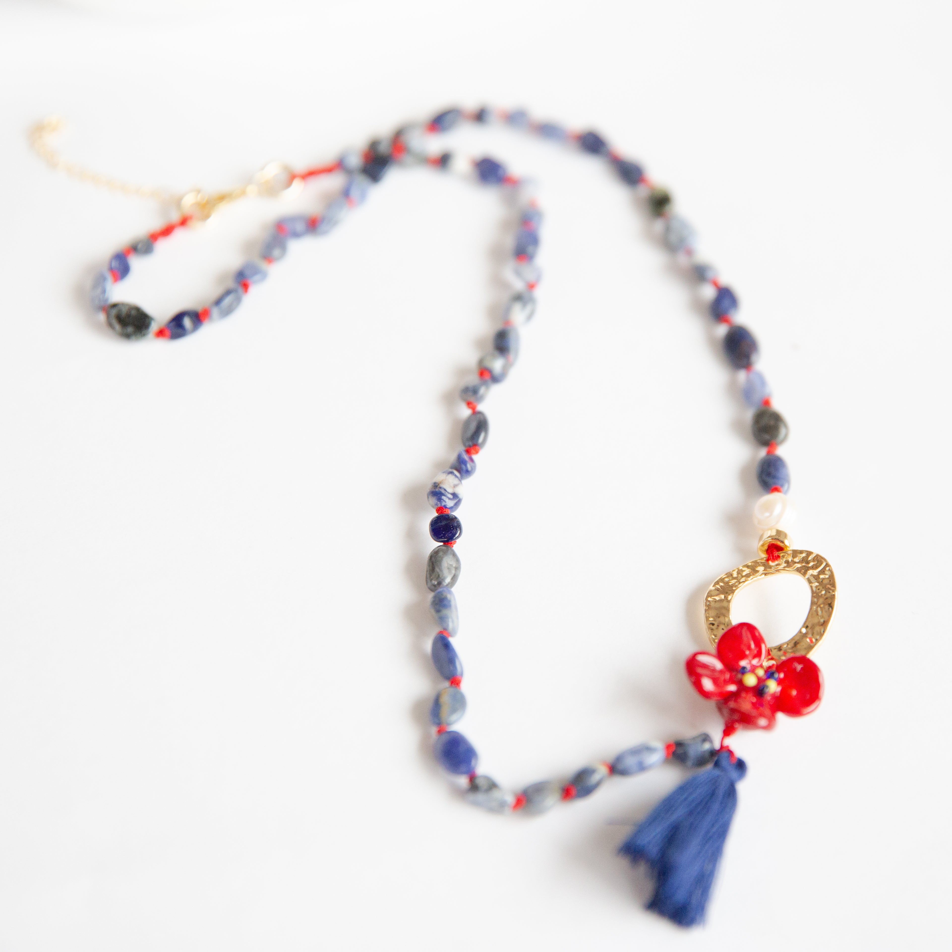 Lapis Doğal Taş Özel Tasarım Murano Çiçekli Kolye