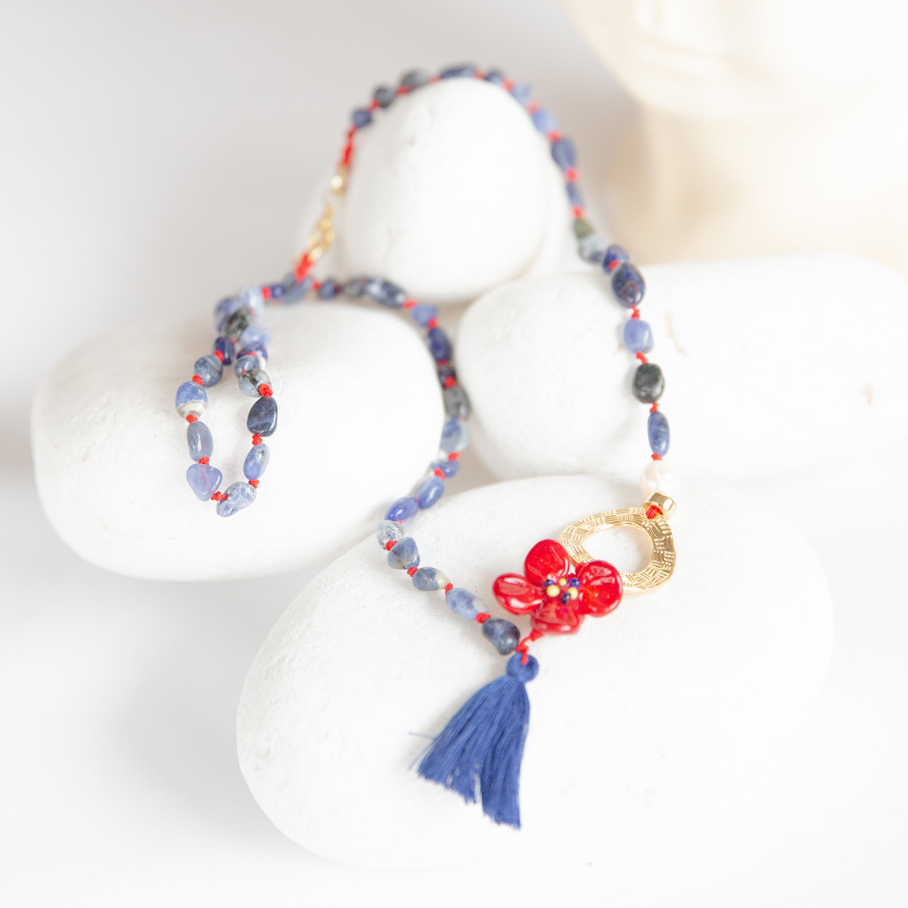 Lapis Doğal Taş Özel Tasarım Murano Çiçekli Kolye