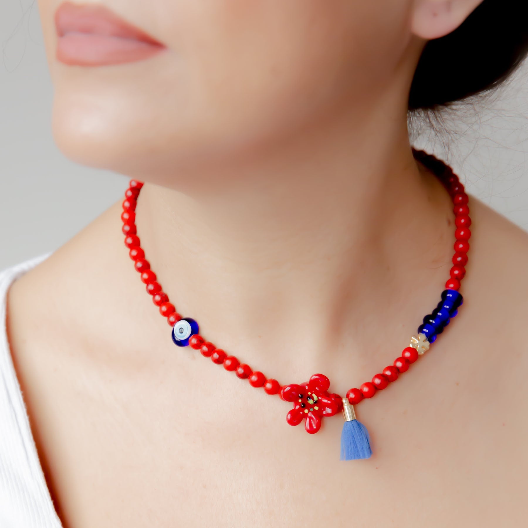 Mercan Murano  Çiçekli Nazarlı  Kolye