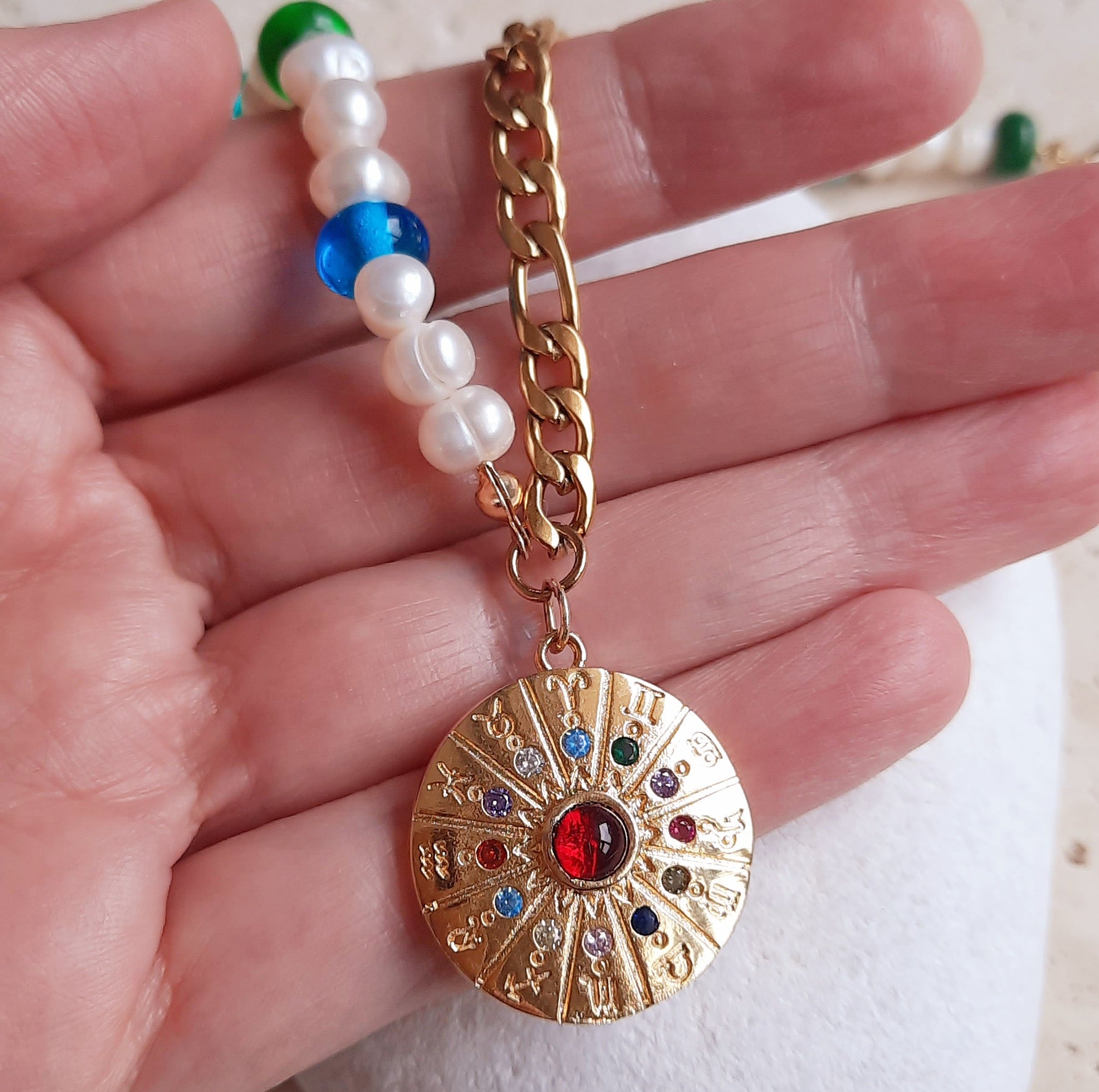 Mix Burç Paslanmaz Çelik İnci Cam Boncuklu Kolye