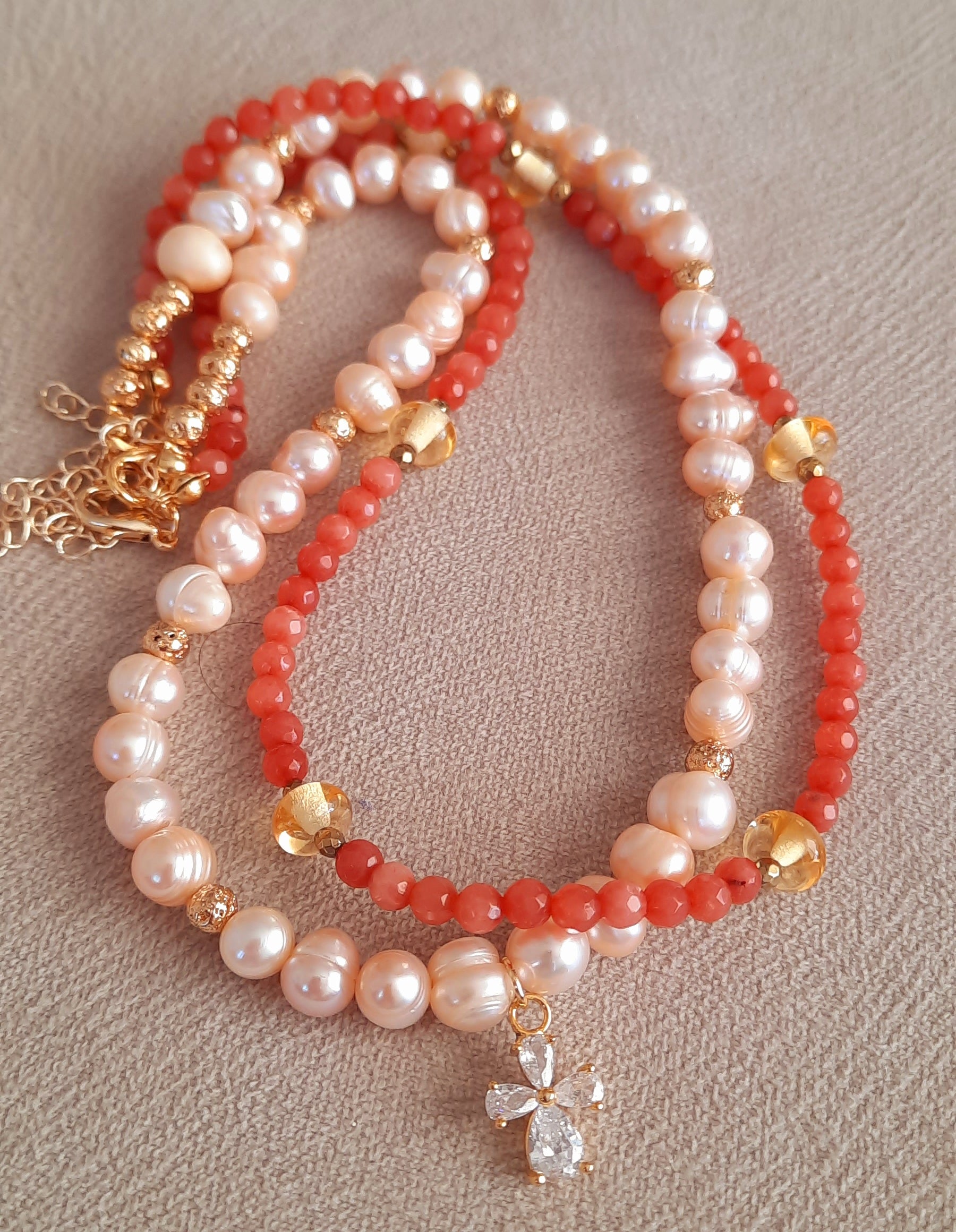 Somon İnci Güneş Taşı İkili Kombin Kolye