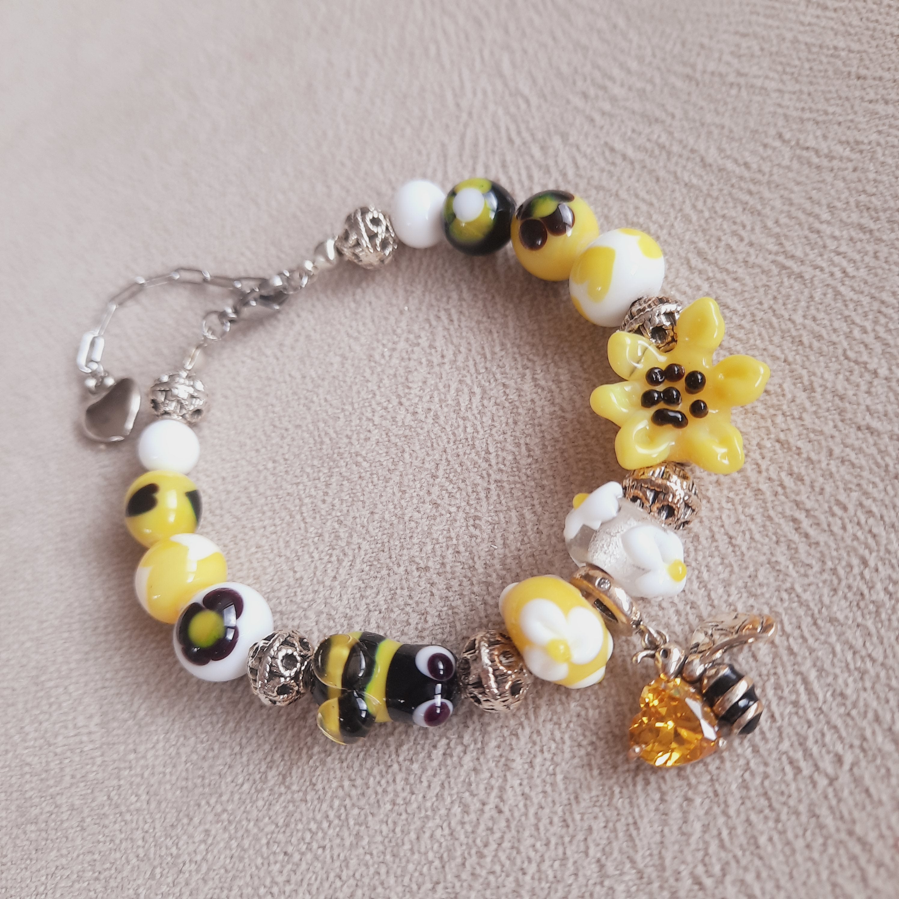 Arılı Ayçiçekli Cam Sanatı Murano Bileklik