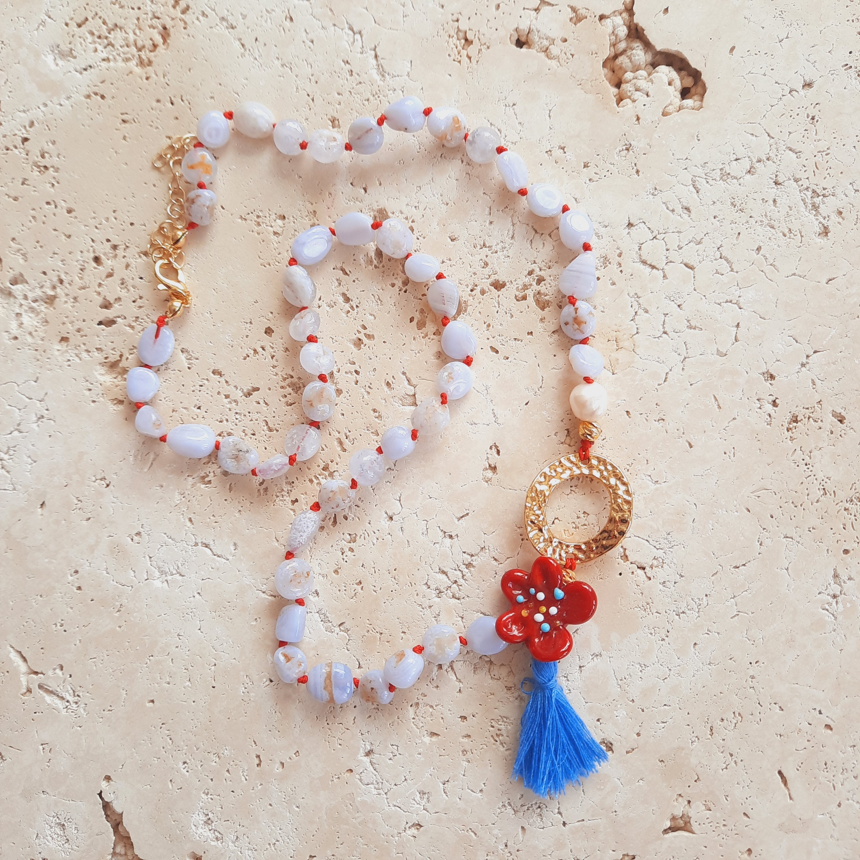 Kyanit Açık Mavi Çiçekli Özel tasarım Kolye