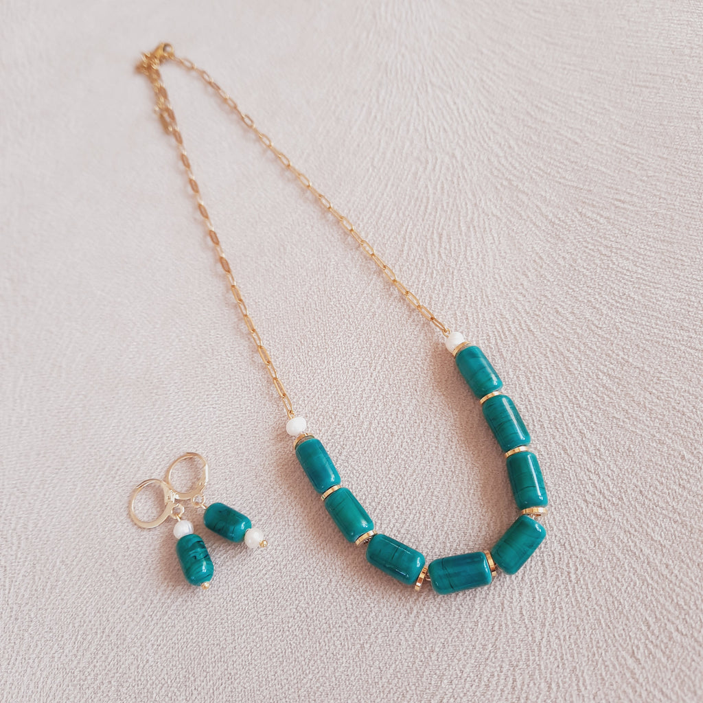 Yeşil İncili Murano Boncuklu Kolye Küpe Seti