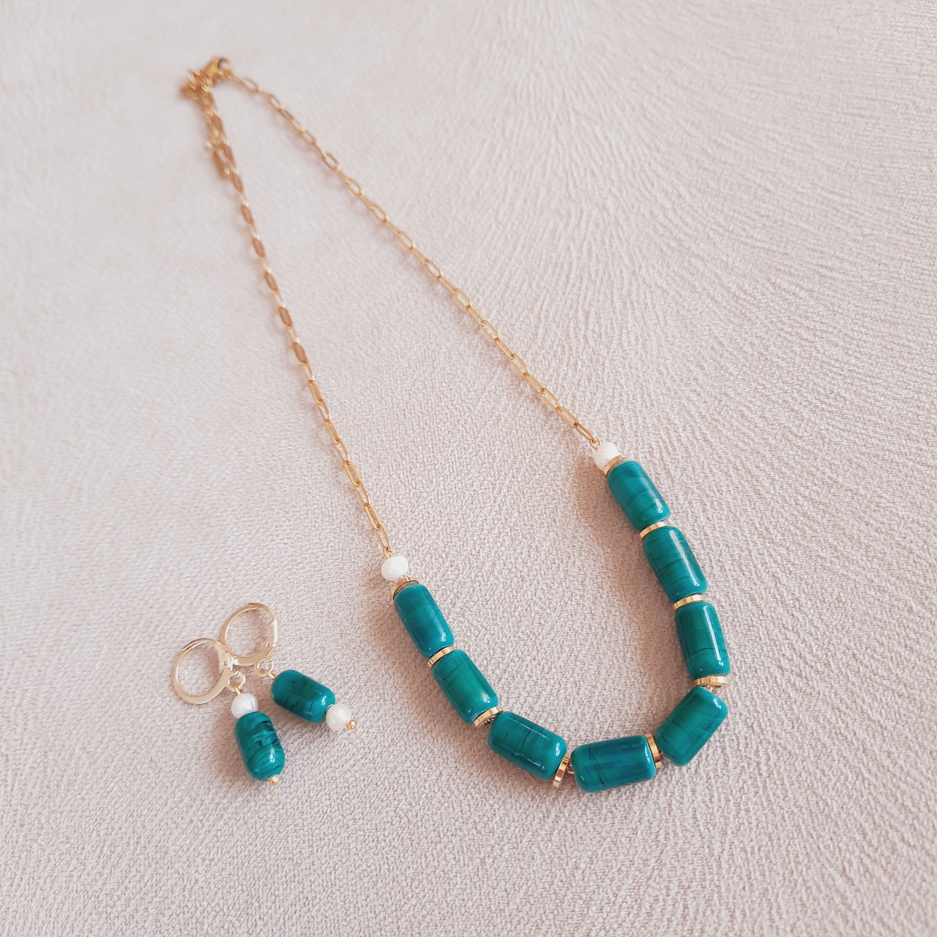 Yeşil İncili Murano Boncuklu Kolye Küpe Seti