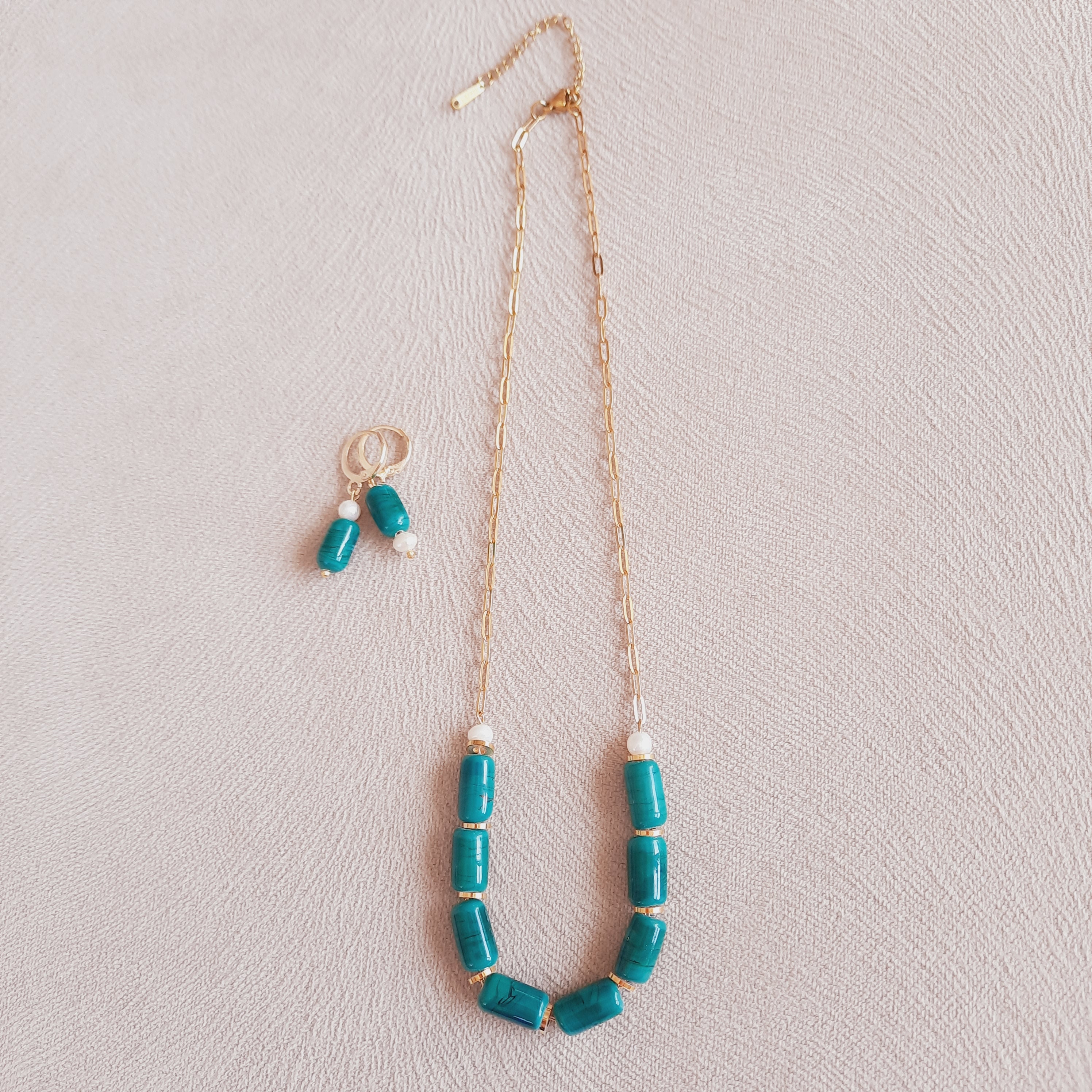 Yeşil İncili Murano Boncuklu Kolye Küpe Seti