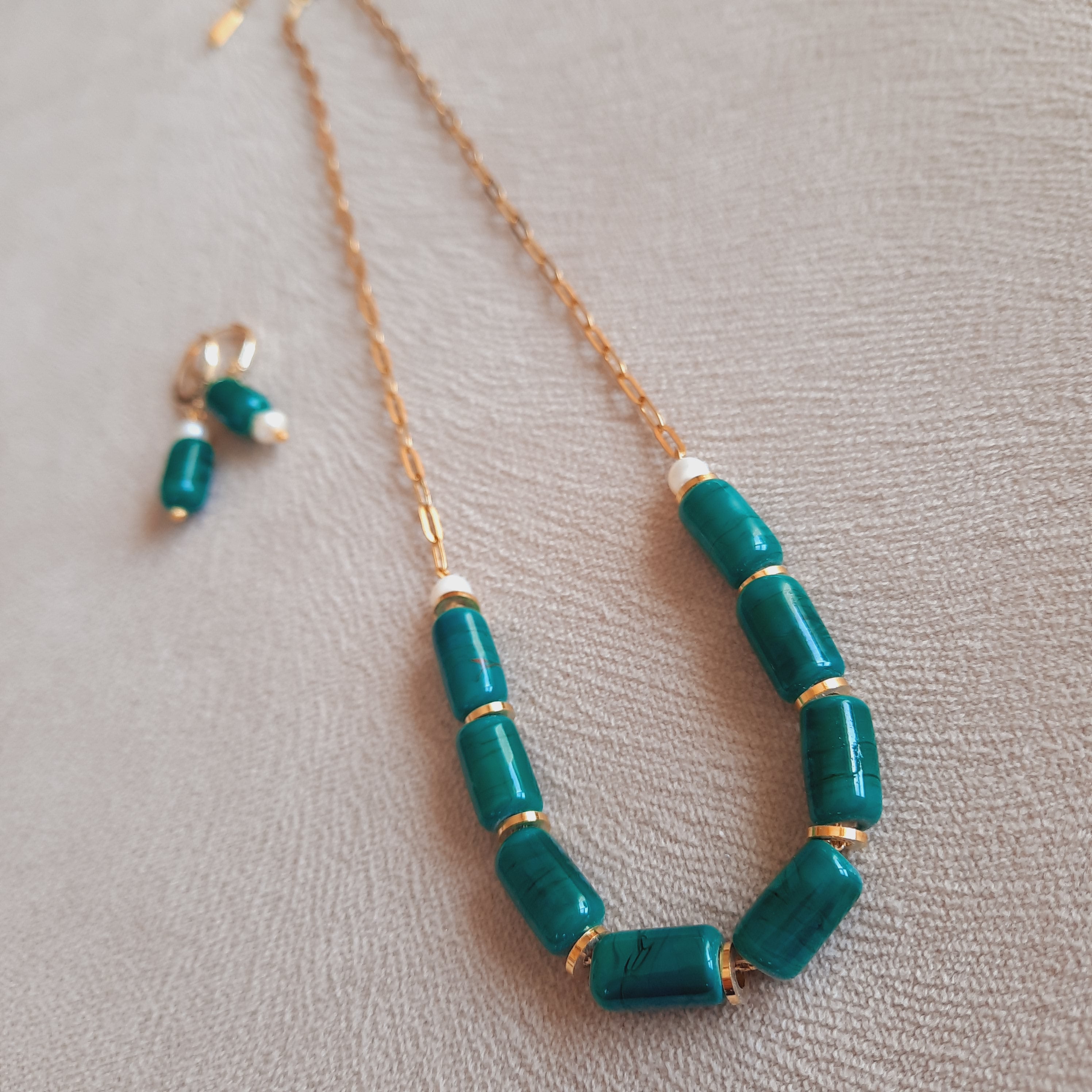 Yeşil İncili Murano Boncuklu Kolye Küpe Seti