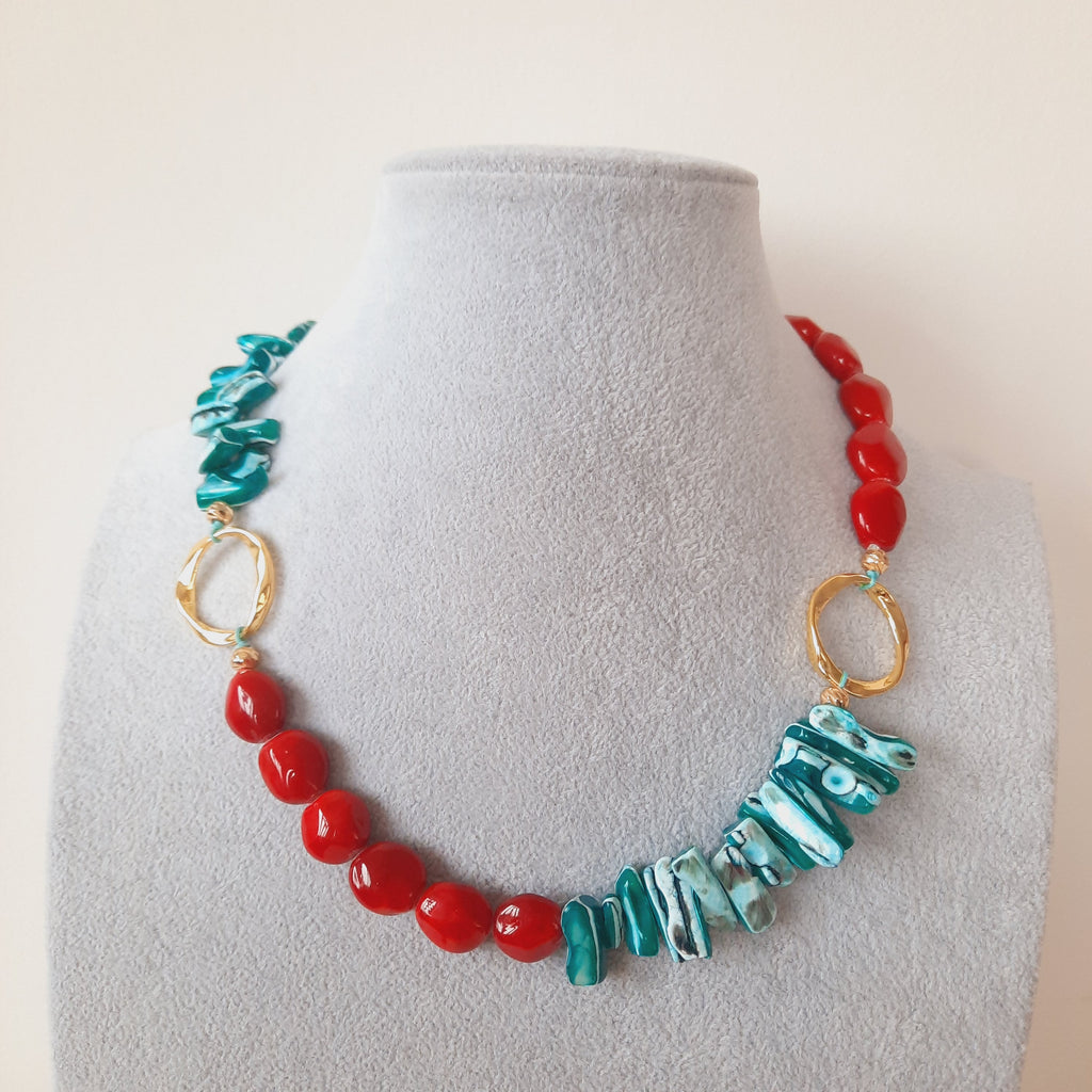 Şeker Boncuk Kırmızı Turkuaz Özel Tasarım Kolye