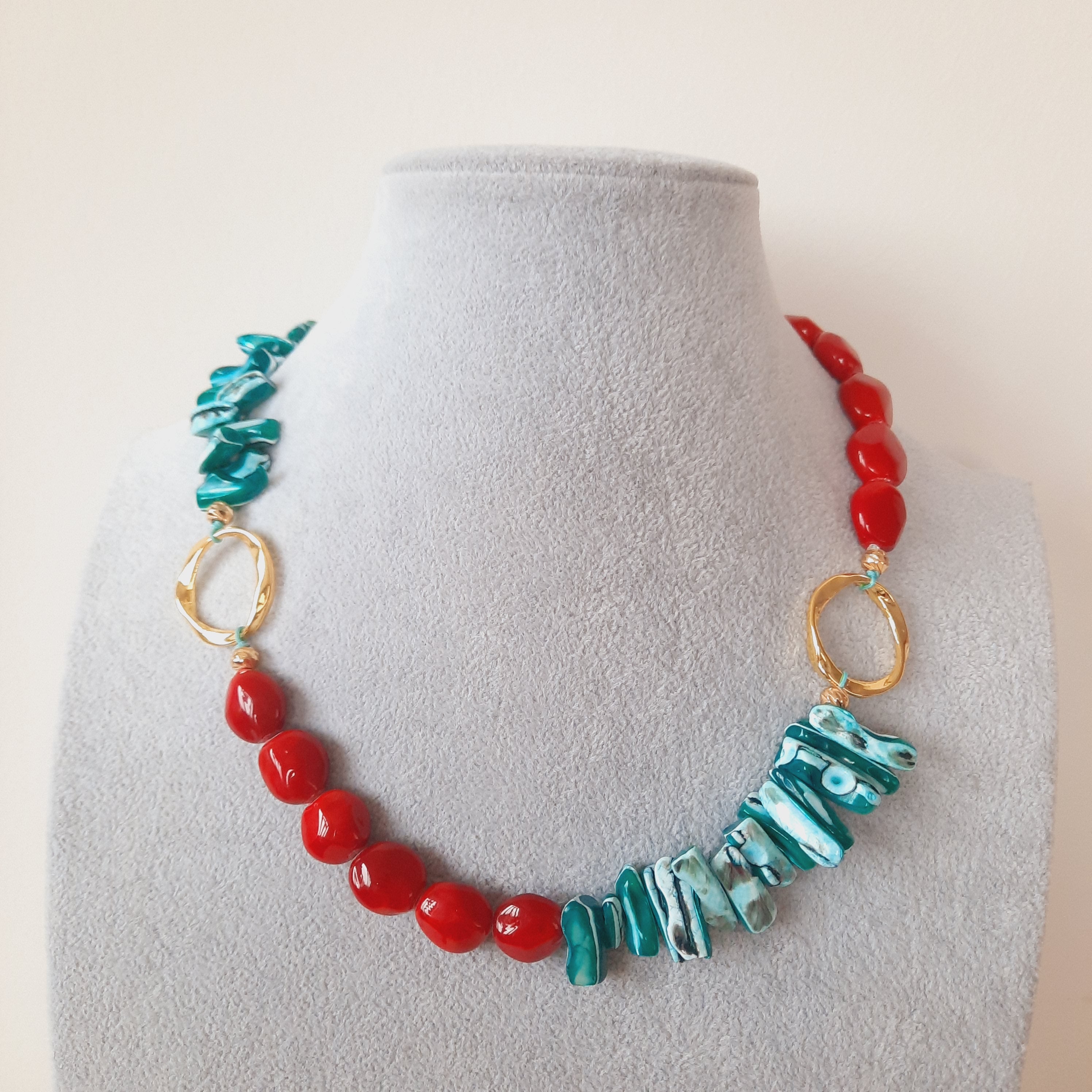 Şeker Boncuk Kırmızı Turkuaz Özel Tasarım Kolye