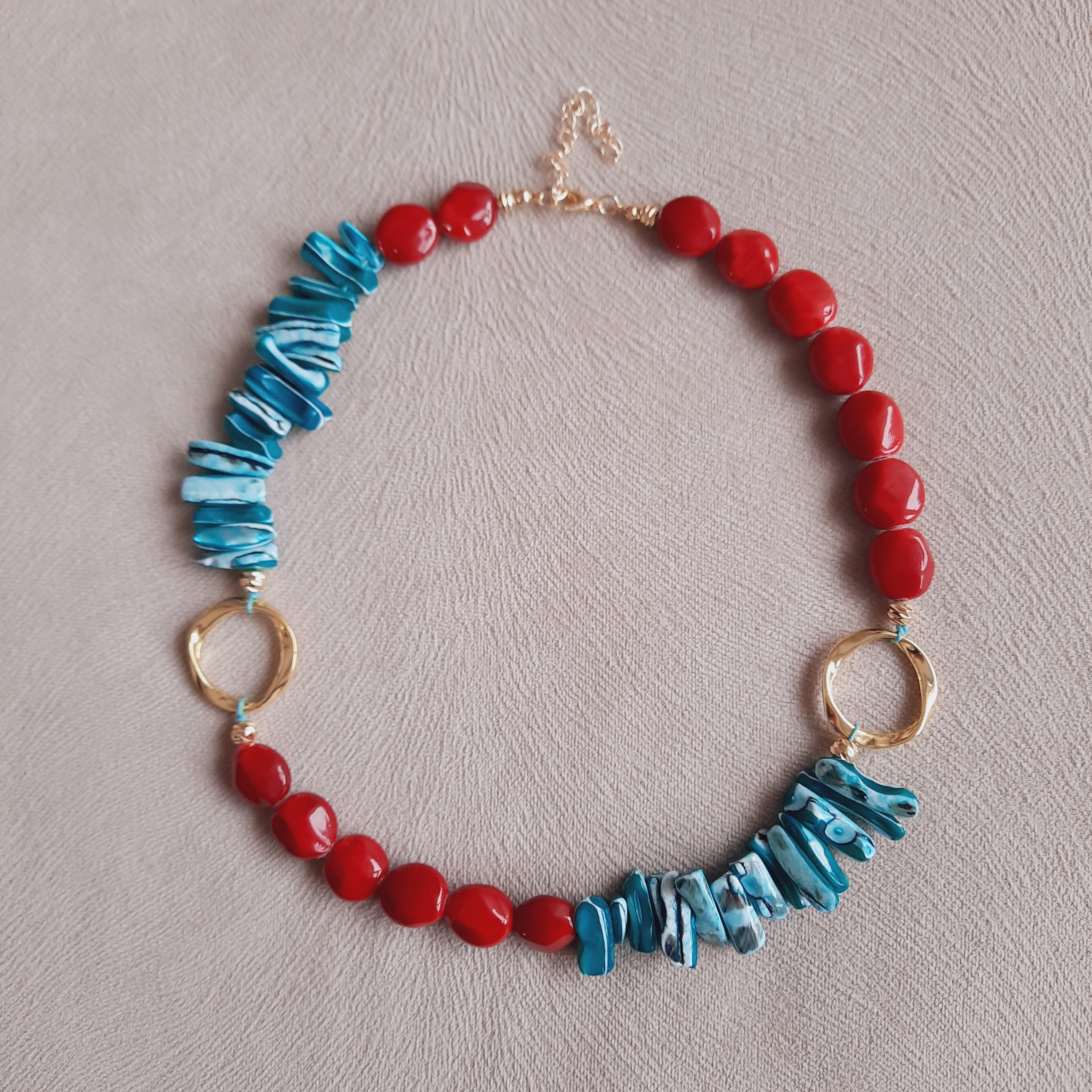Şeker Boncuk Kırmızı Turkuaz Özel Tasarım Kolye