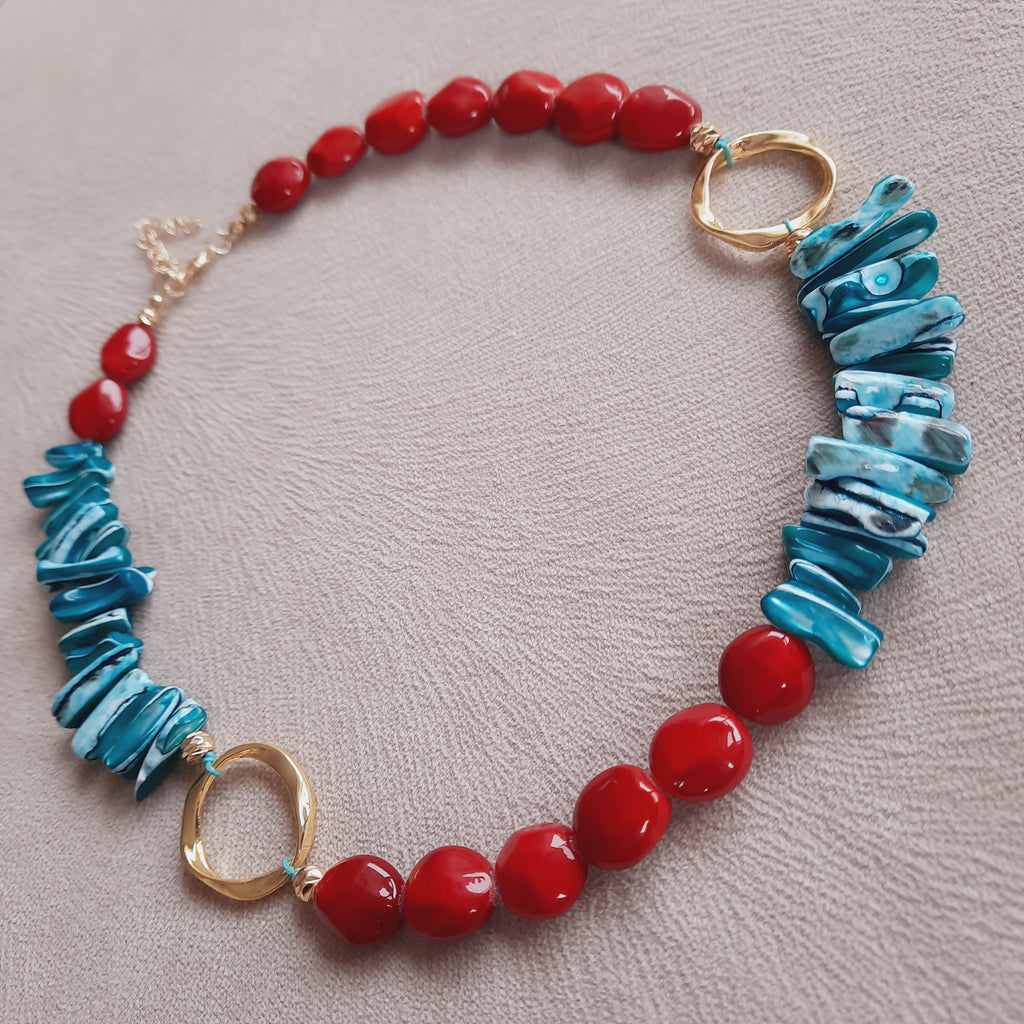 Şeker Boncuk Kırmızı Turkuaz Özel Tasarım Kolye