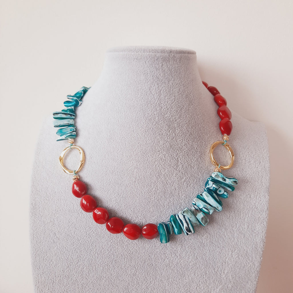 Şeker Boncuk Kırmızı Turkuaz Özel Tasarım Kolye