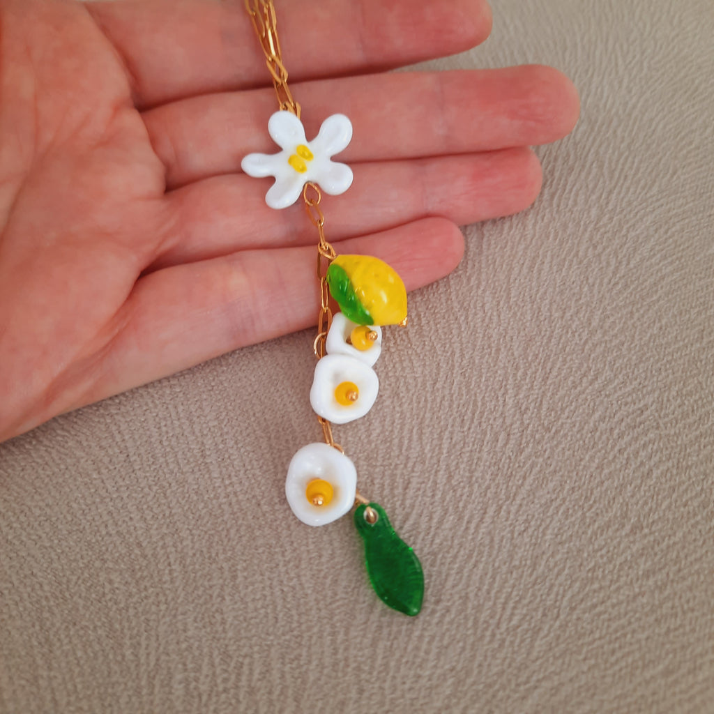 Limon Çiçekleri Murano Paslanmaz Çelik Y Kolye