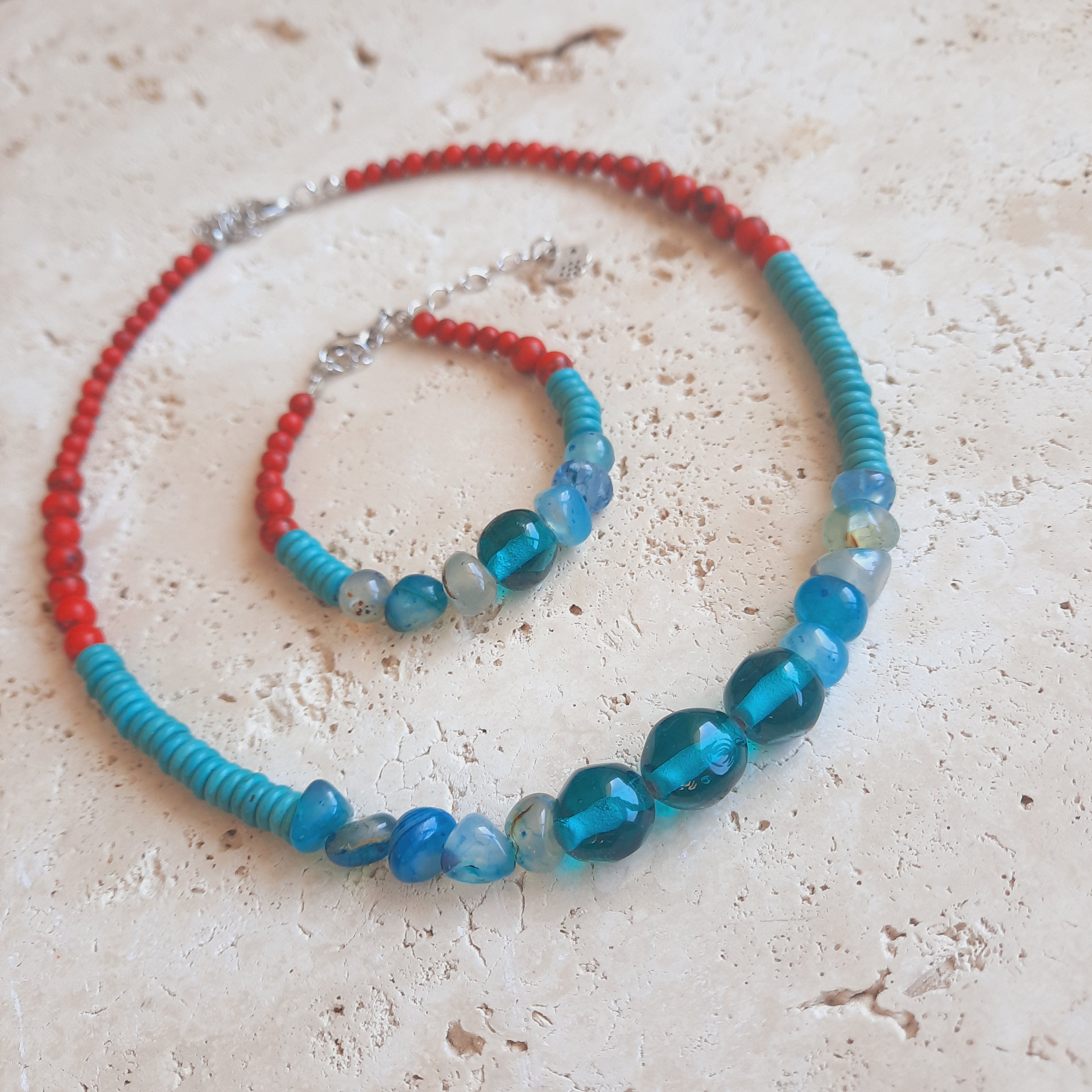 Mercan Cam Özel Tasarım Kolye Bileklik Seti