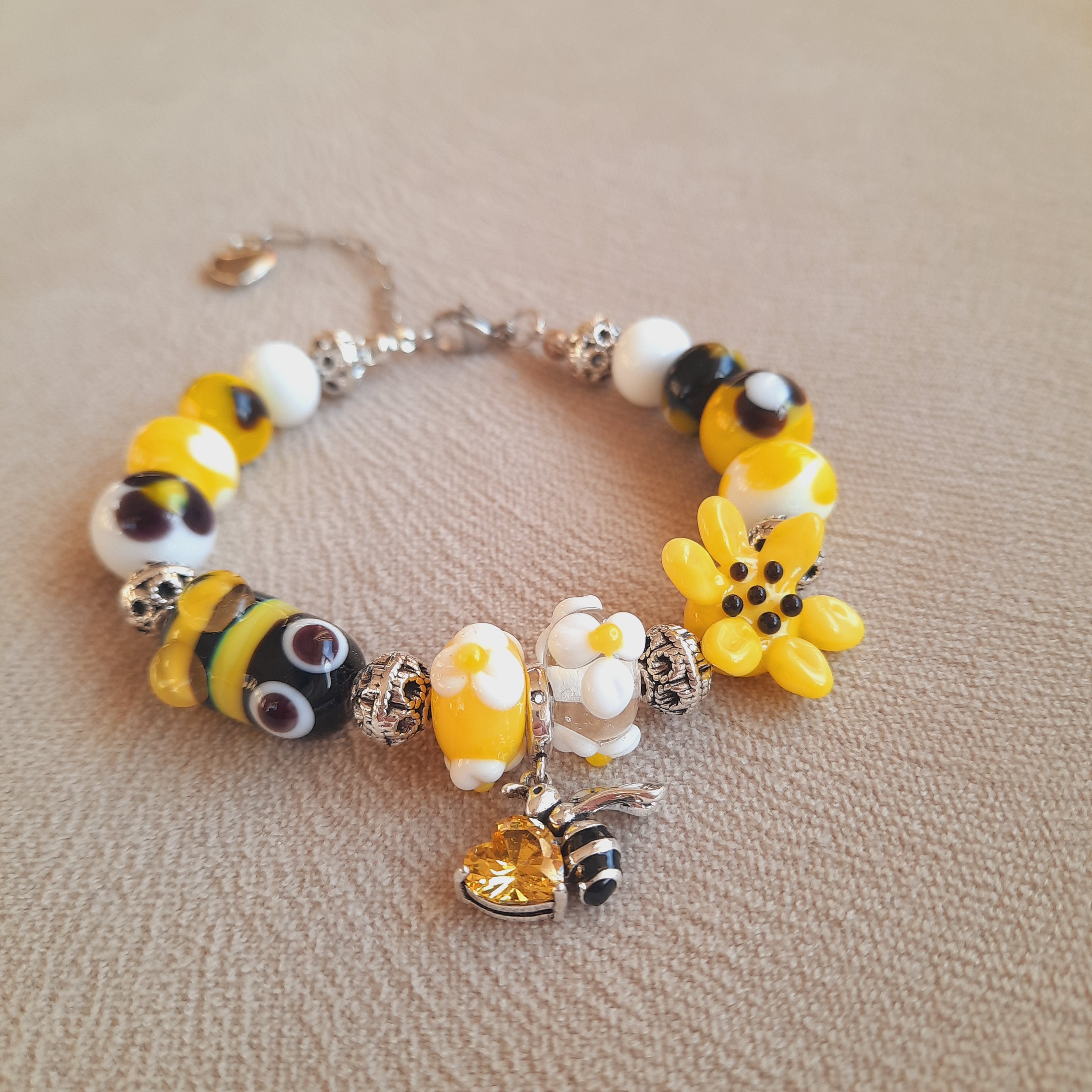 Arılı Ayçiçekli Cam Sanatı Murano Bileklik