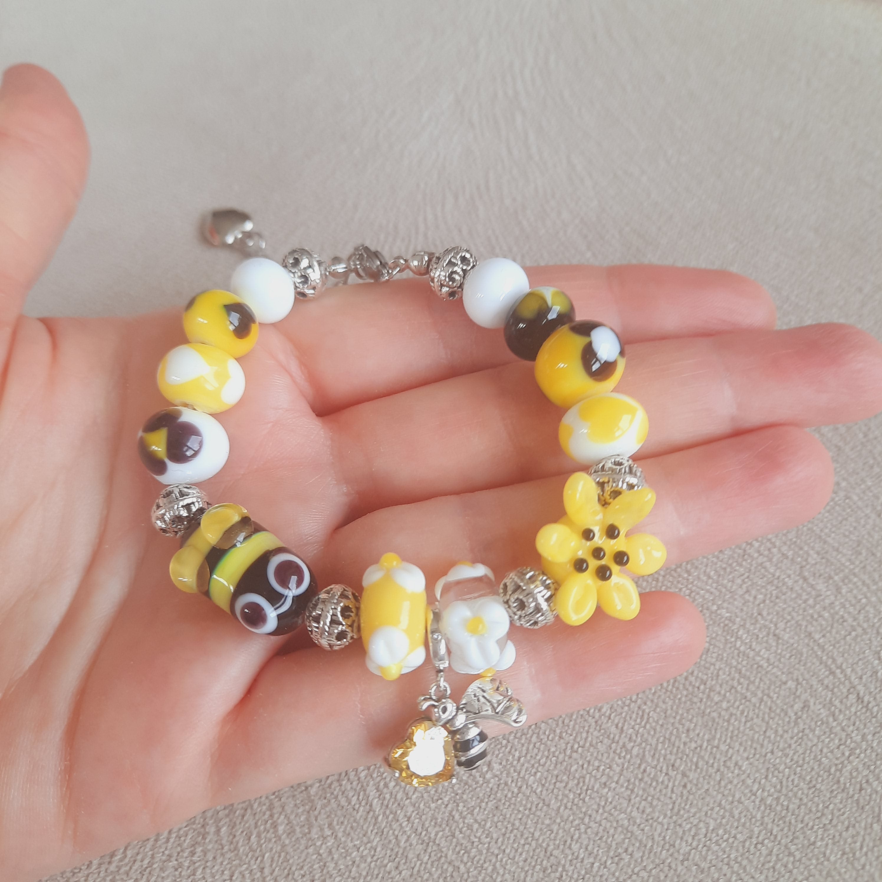 Arılı Ayçiçekli Cam Sanatı Murano Bileklik