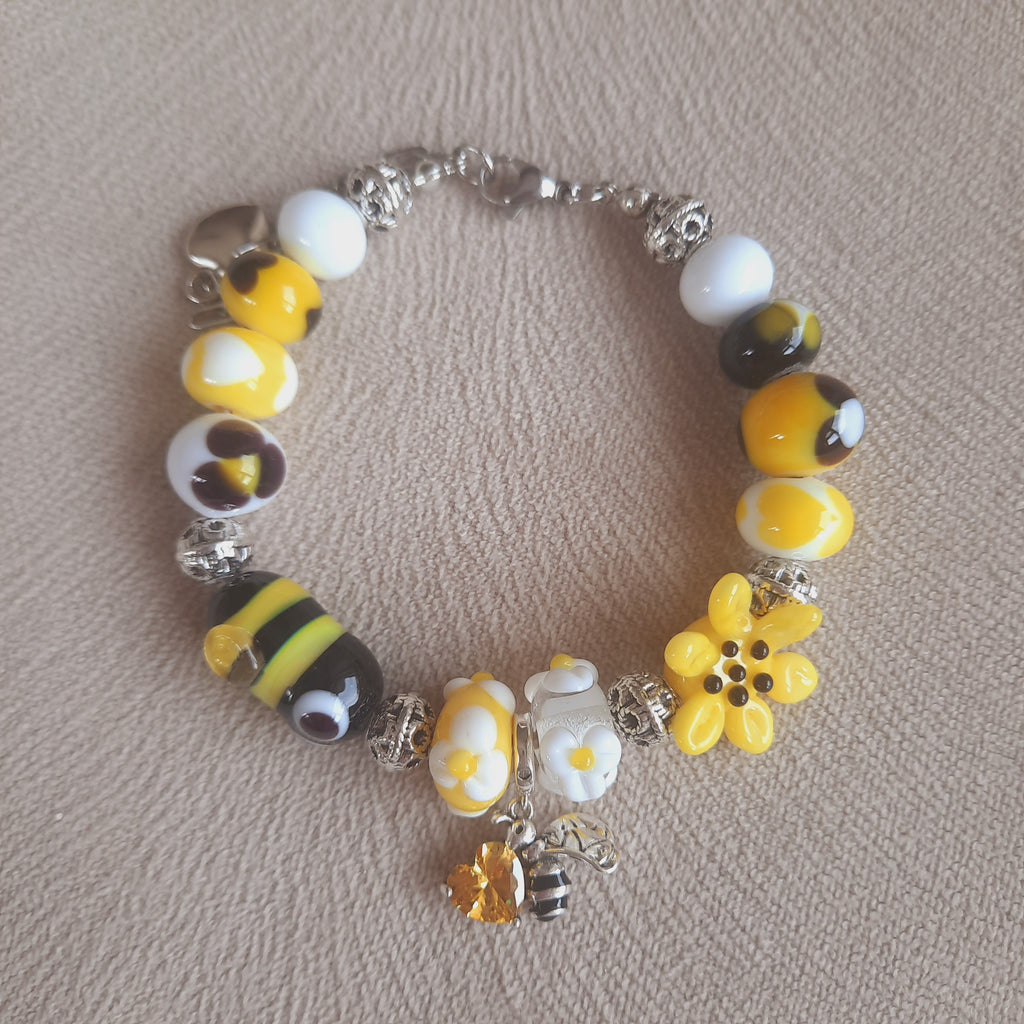 Arılı Ayçiçekli Cam Sanatı Murano Bileklik