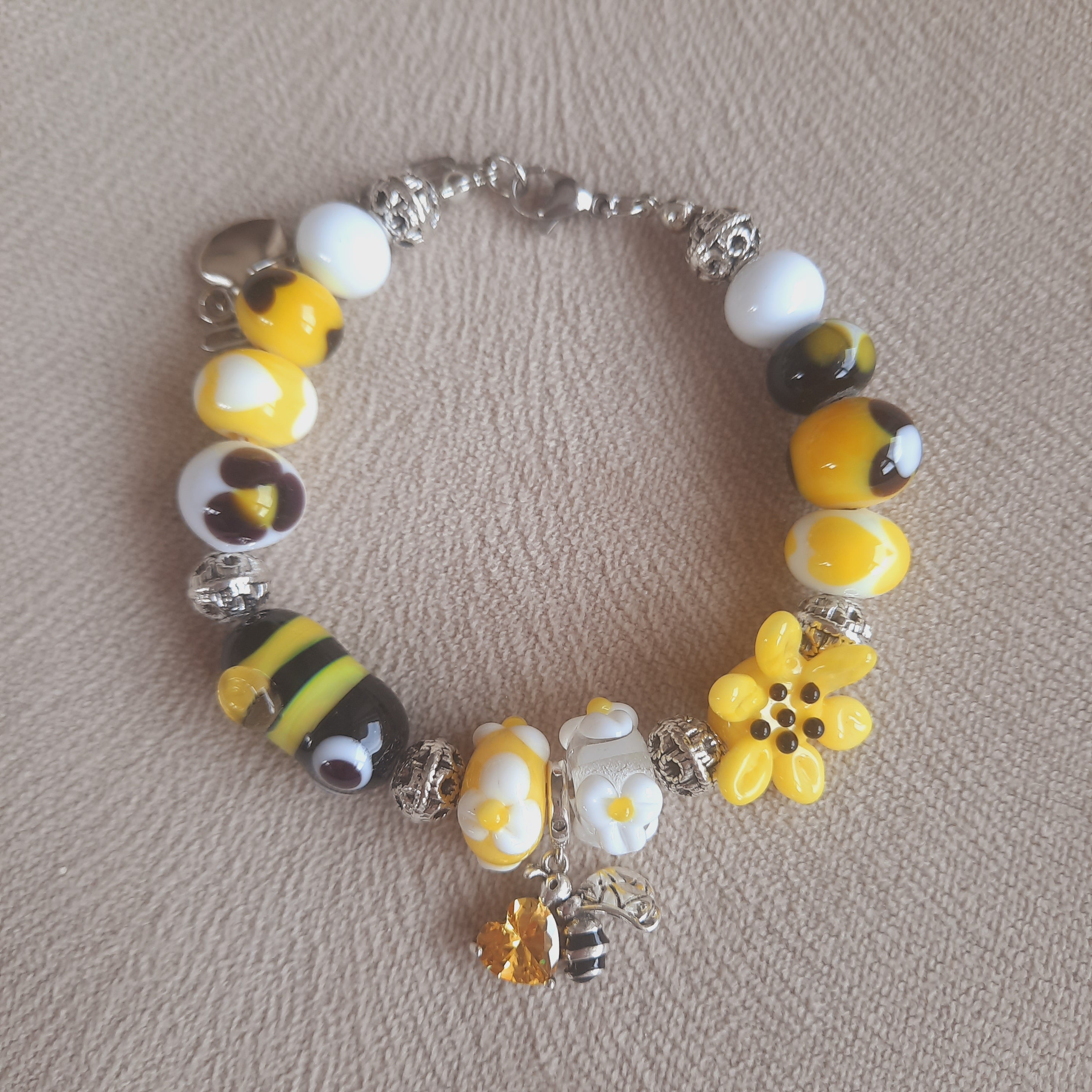 Arılı Ayçiçekli Cam Sanatı Murano Bileklik