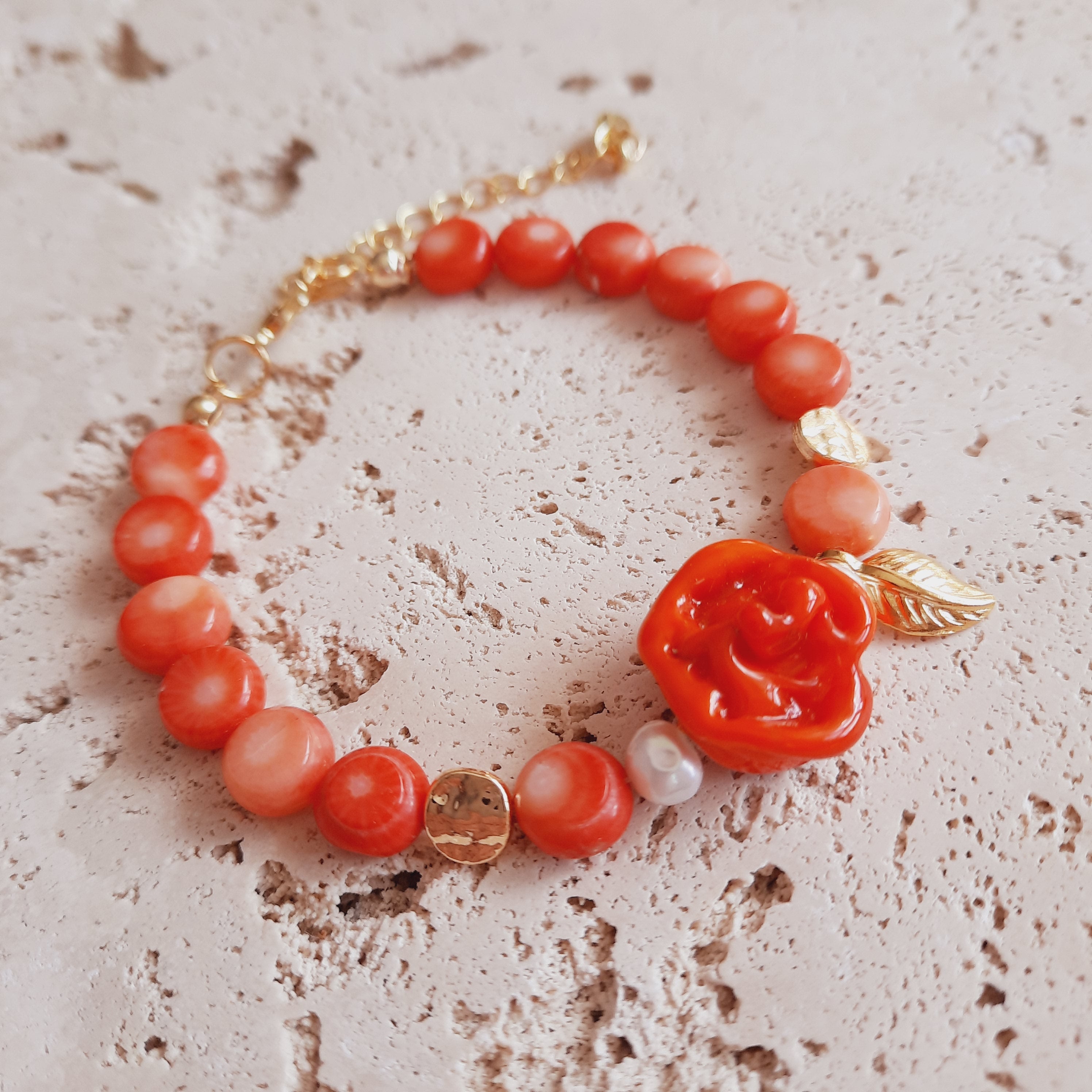 Mercan Güllü İncili Özel Tasarım Murano Turuncu Bileklik