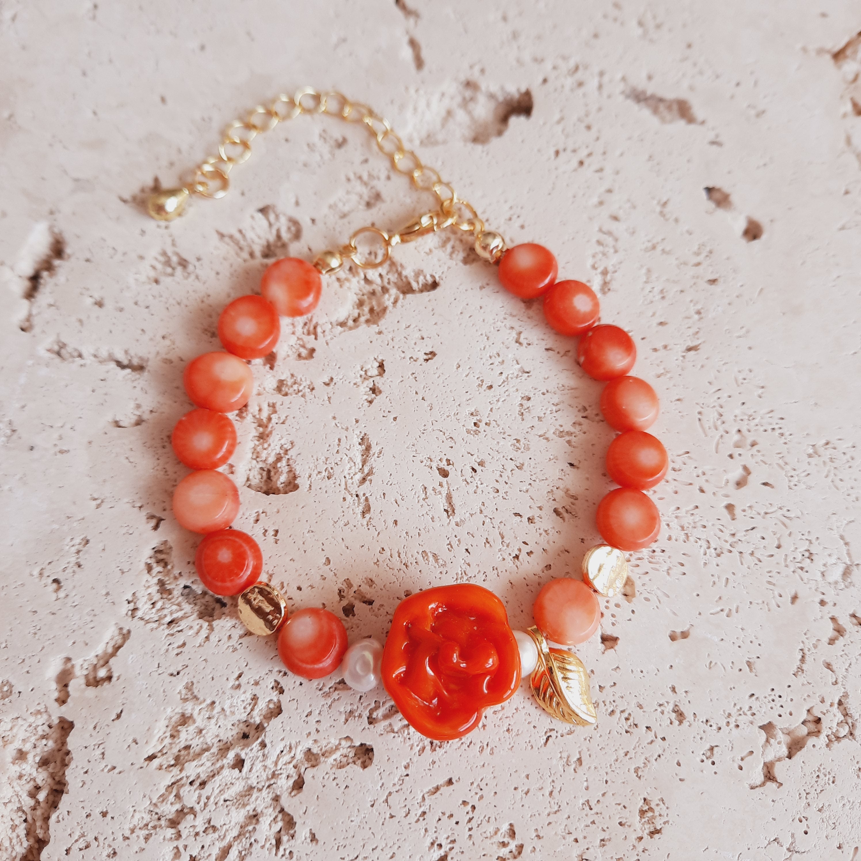 Mercan Güllü İncili Özel Tasarım Murano Turuncu Bileklik