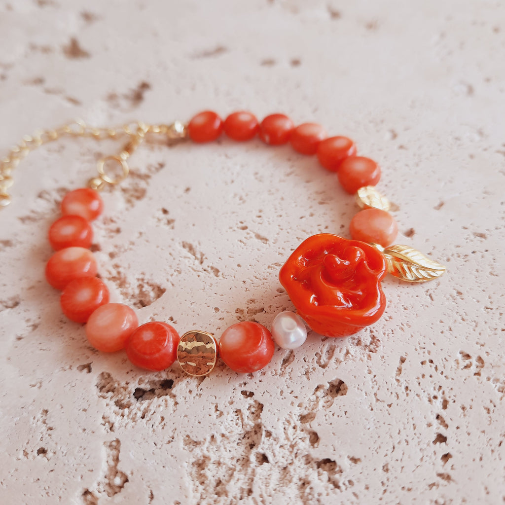 Mercan Güllü İncili Özel Tasarım Murano Turuncu Bileklik