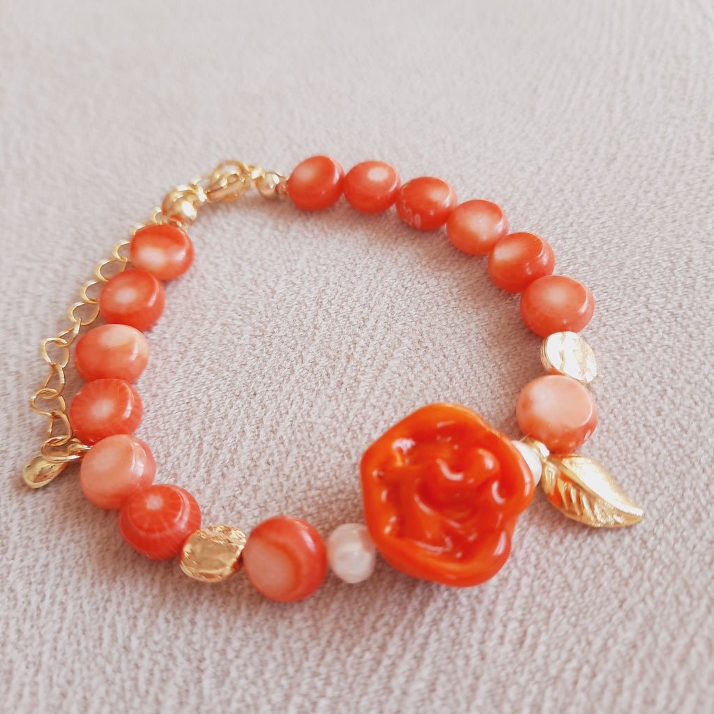 Mercan Güllü İncili Özel Tasarım Murano Turuncu Bileklik