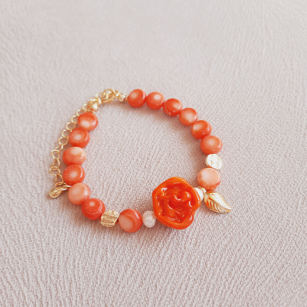 Mercan Güllü İncili Özel Tasarım Murano Turuncu Bileklik