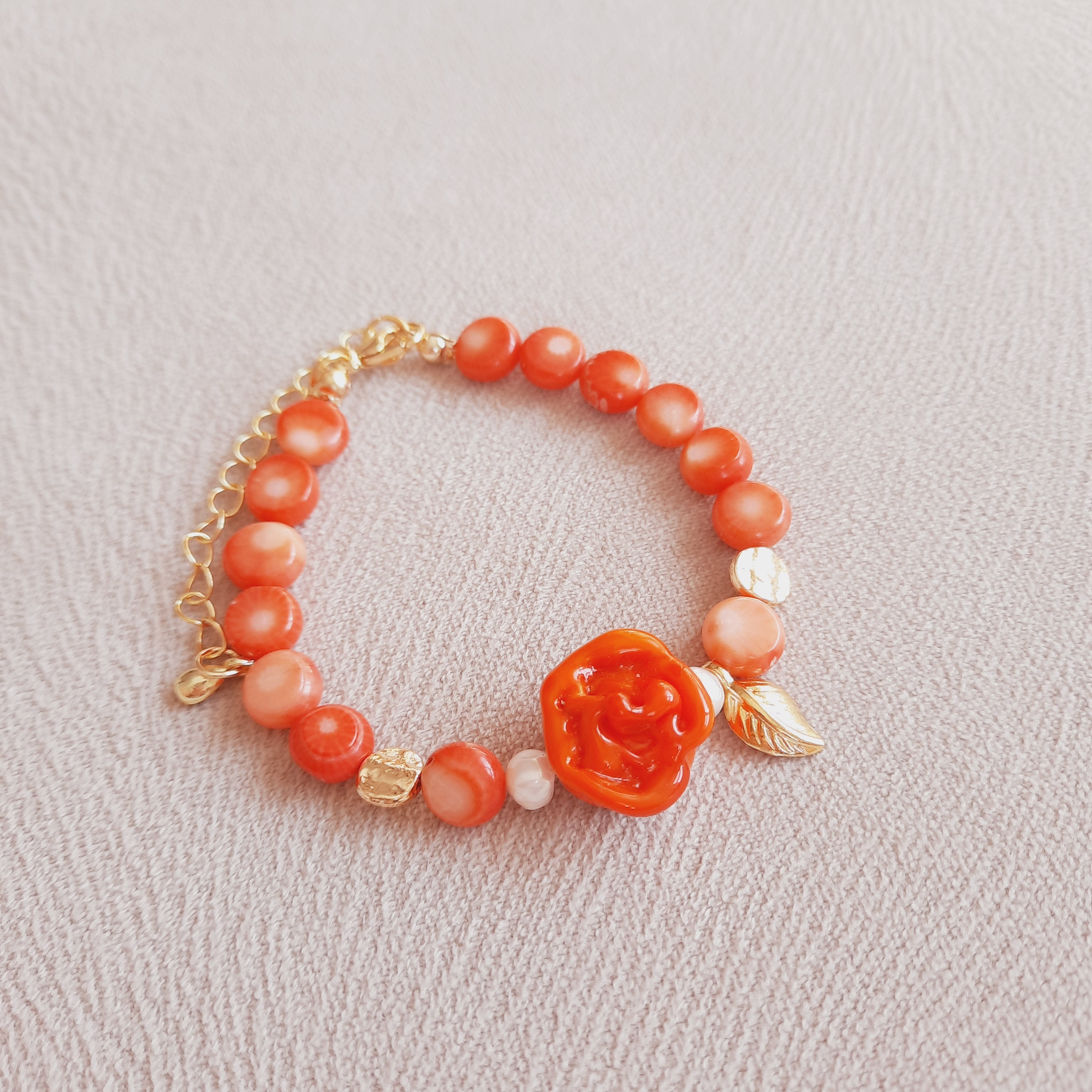 Mercan Güllü İncili Özel Tasarım Murano Turuncu Bileklik