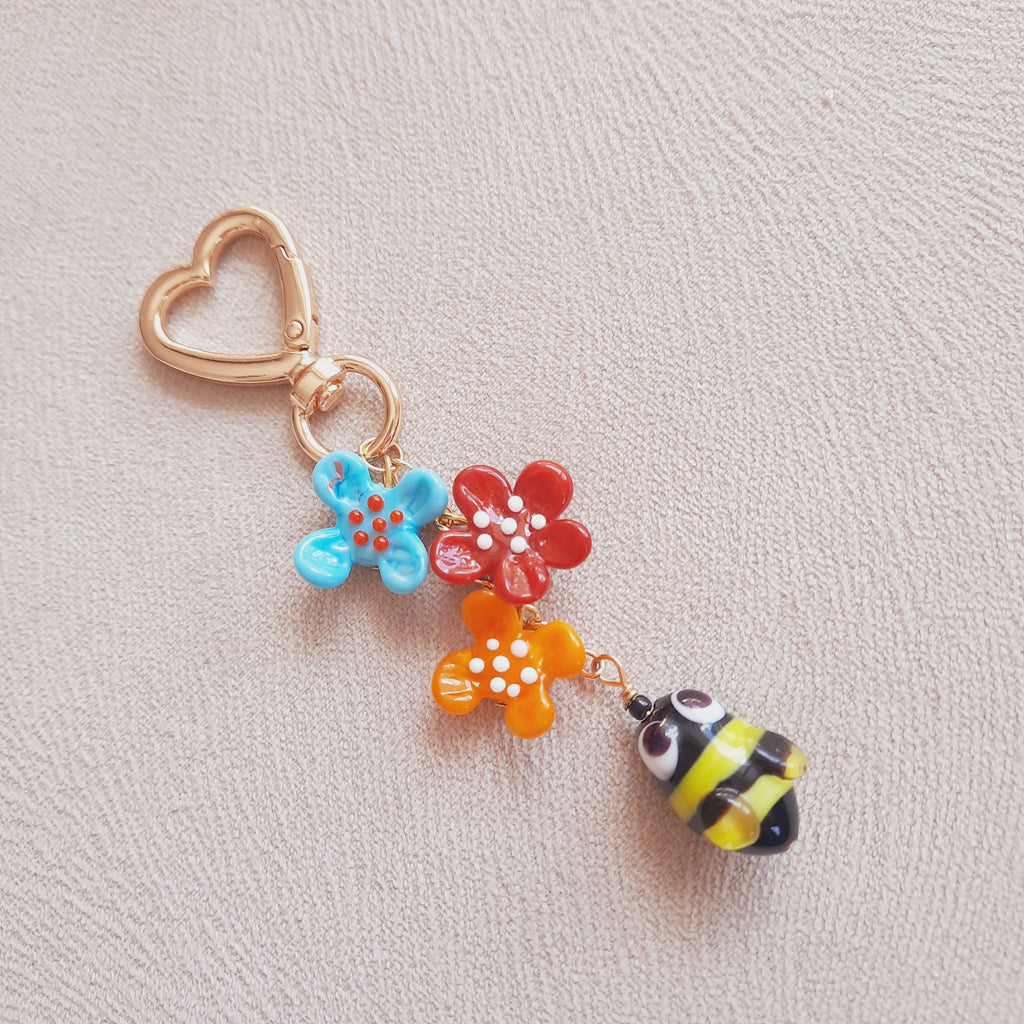 Arılar Ve Çiçekler Murano Özel Tasarım Anahtarlık / Çanta Süsü