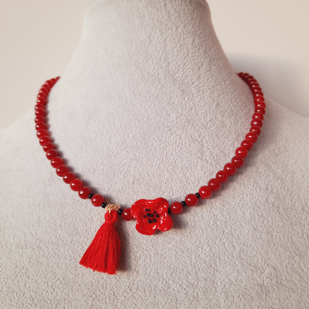 Kırmızı Murano Gelincik Kuvars Doğal Taş Kolye