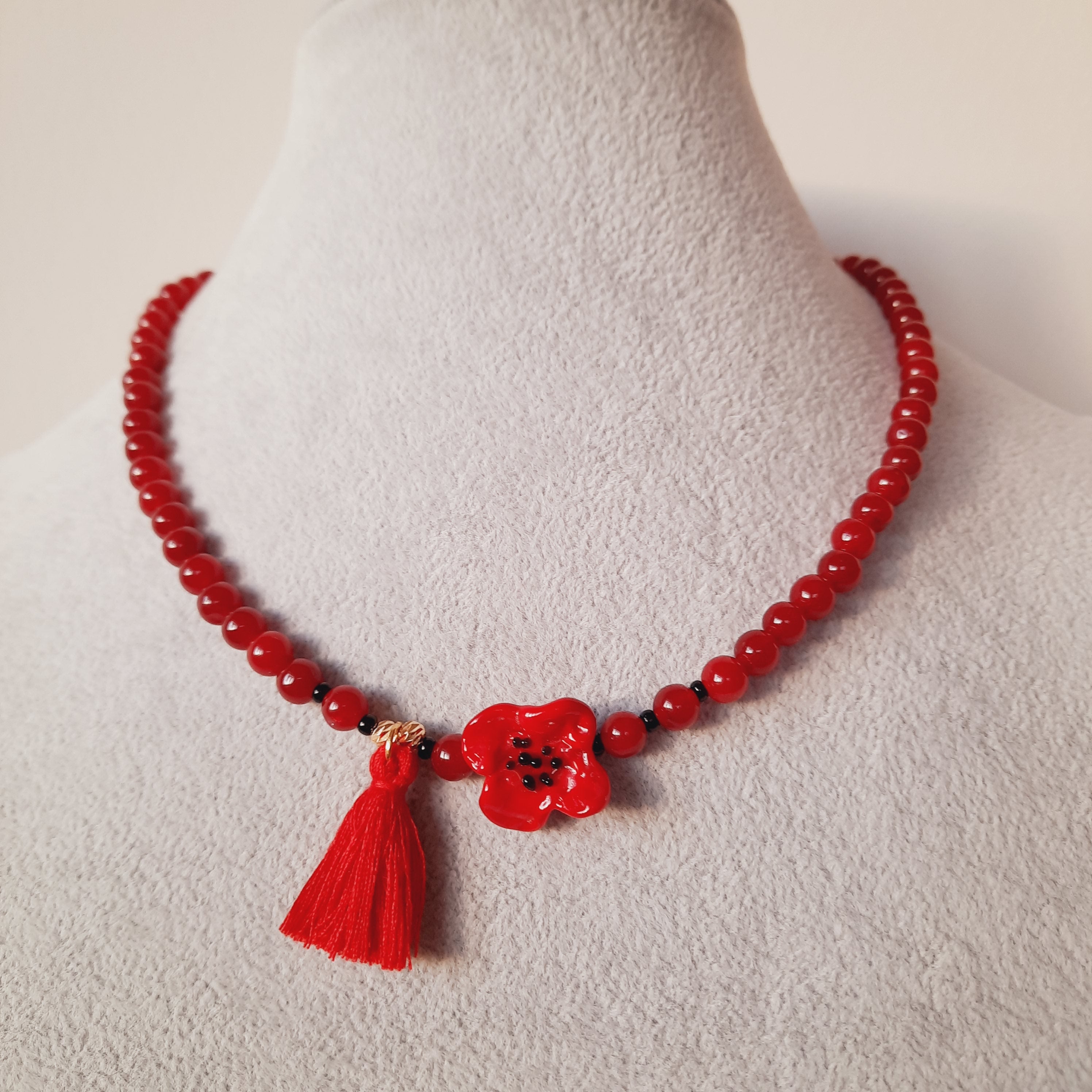 Kırmızı Murano Gelincik Kuvars Doğal Taş Kolye