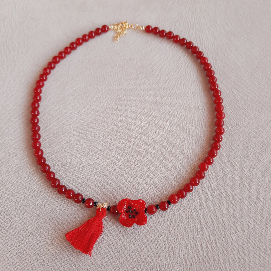 Kırmızı Murano Gelincik Kuvars Doğal Taş Kolye