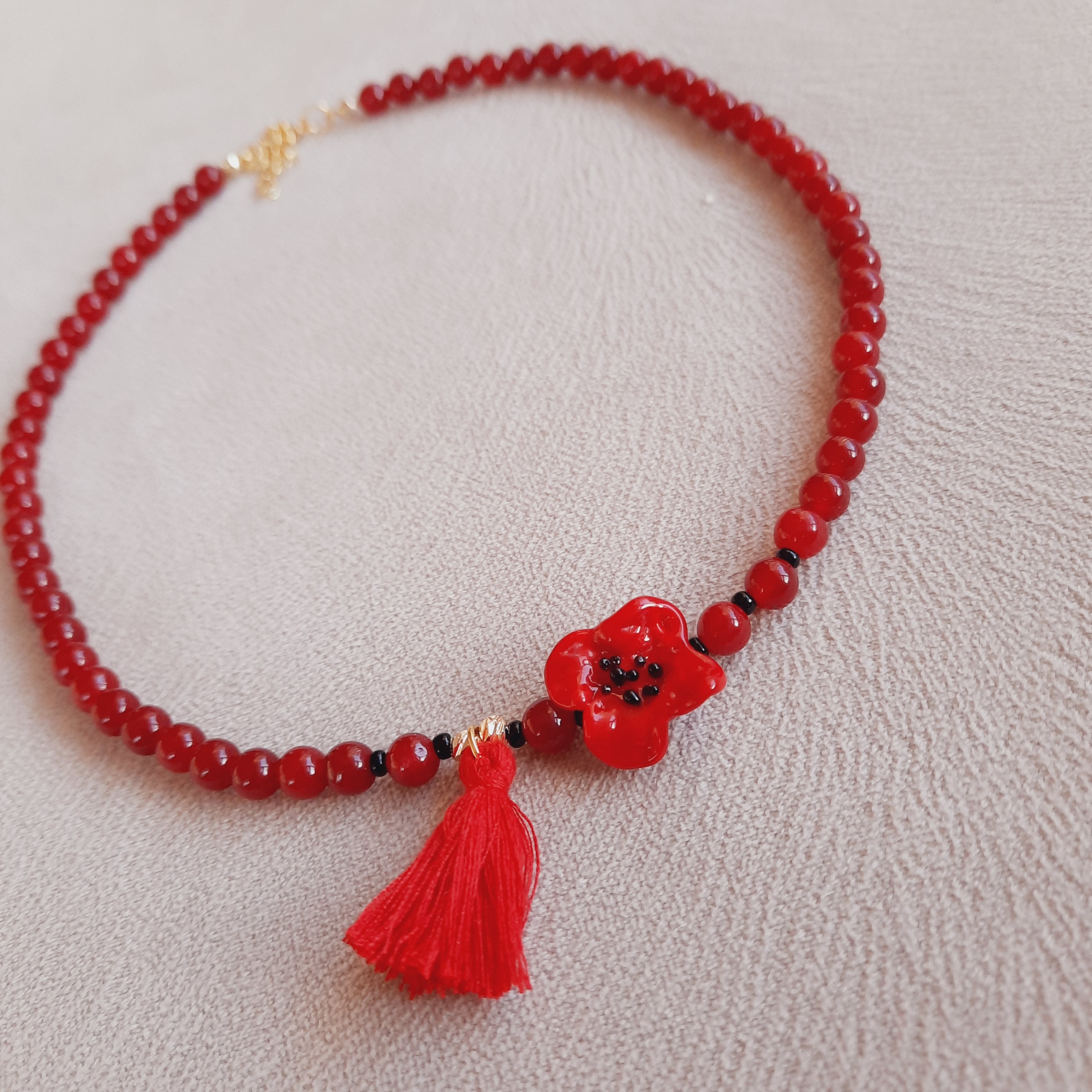 Kırmızı Murano Gelincik Kuvars Doğal Taş Kolye