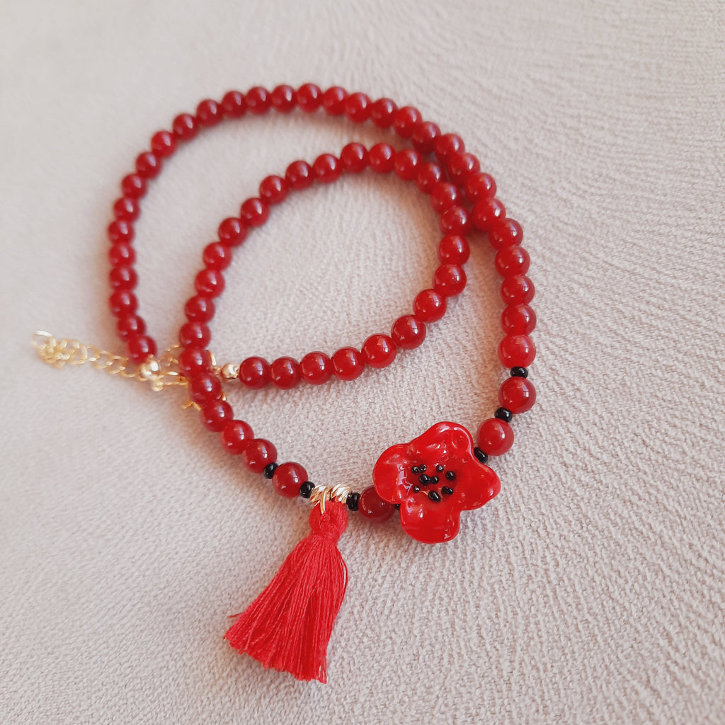 Kırmızı Murano Gelincik Kuvars Doğal Taş Kolye