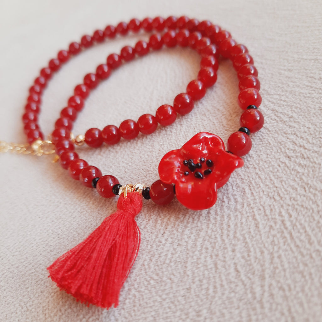 Kırmızı Murano Gelincik Kuvars Doğal Taş Kolye