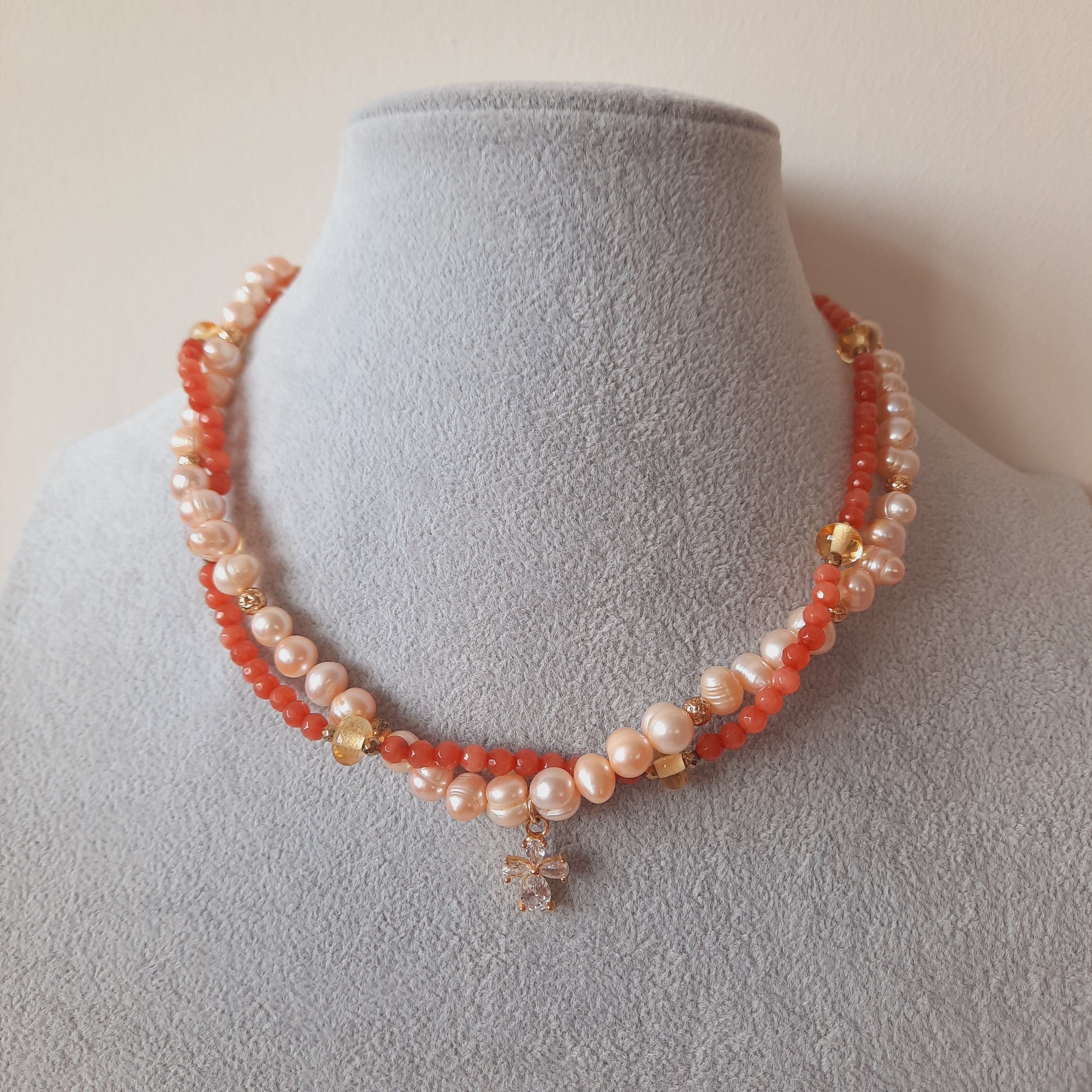 Somon İnci Güneş Taşı İkili Kombin Kolye