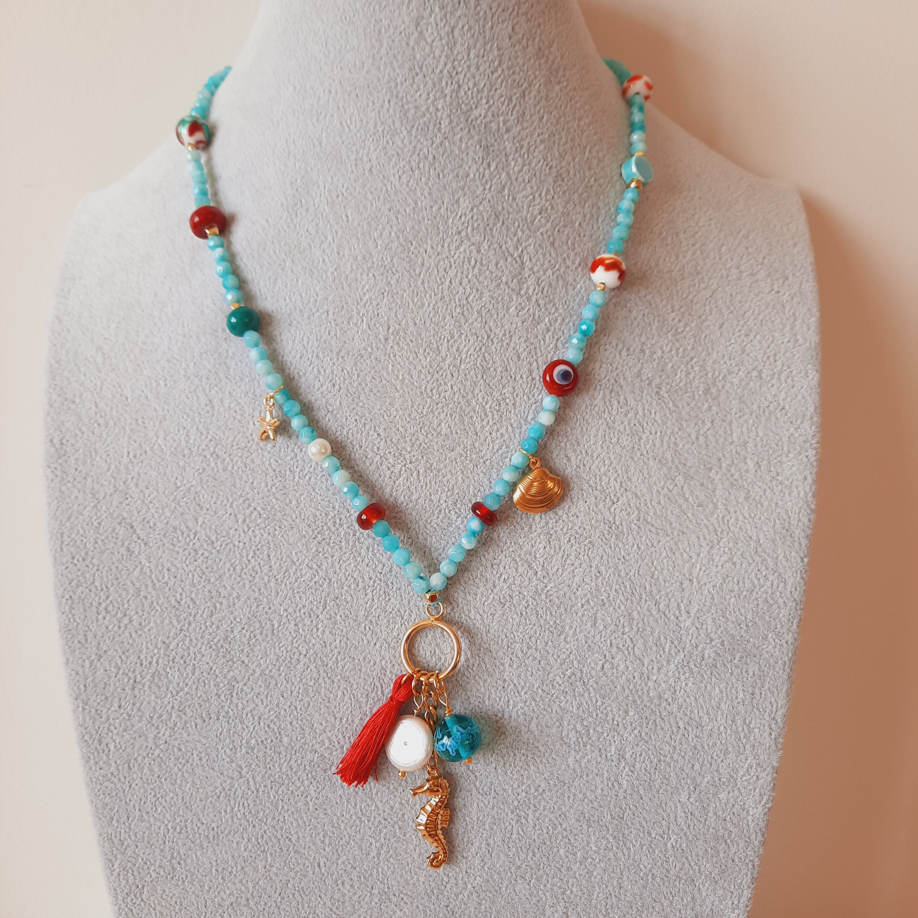 Mayorka İnci Deniz Atı Midye Amazonit Kolye