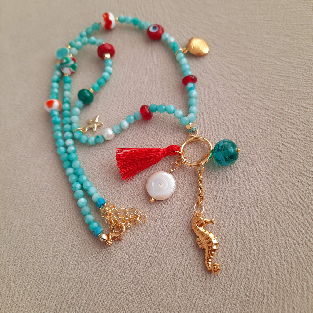 Mayorka İnci Deniz Atı Midye Amazonit Kolye