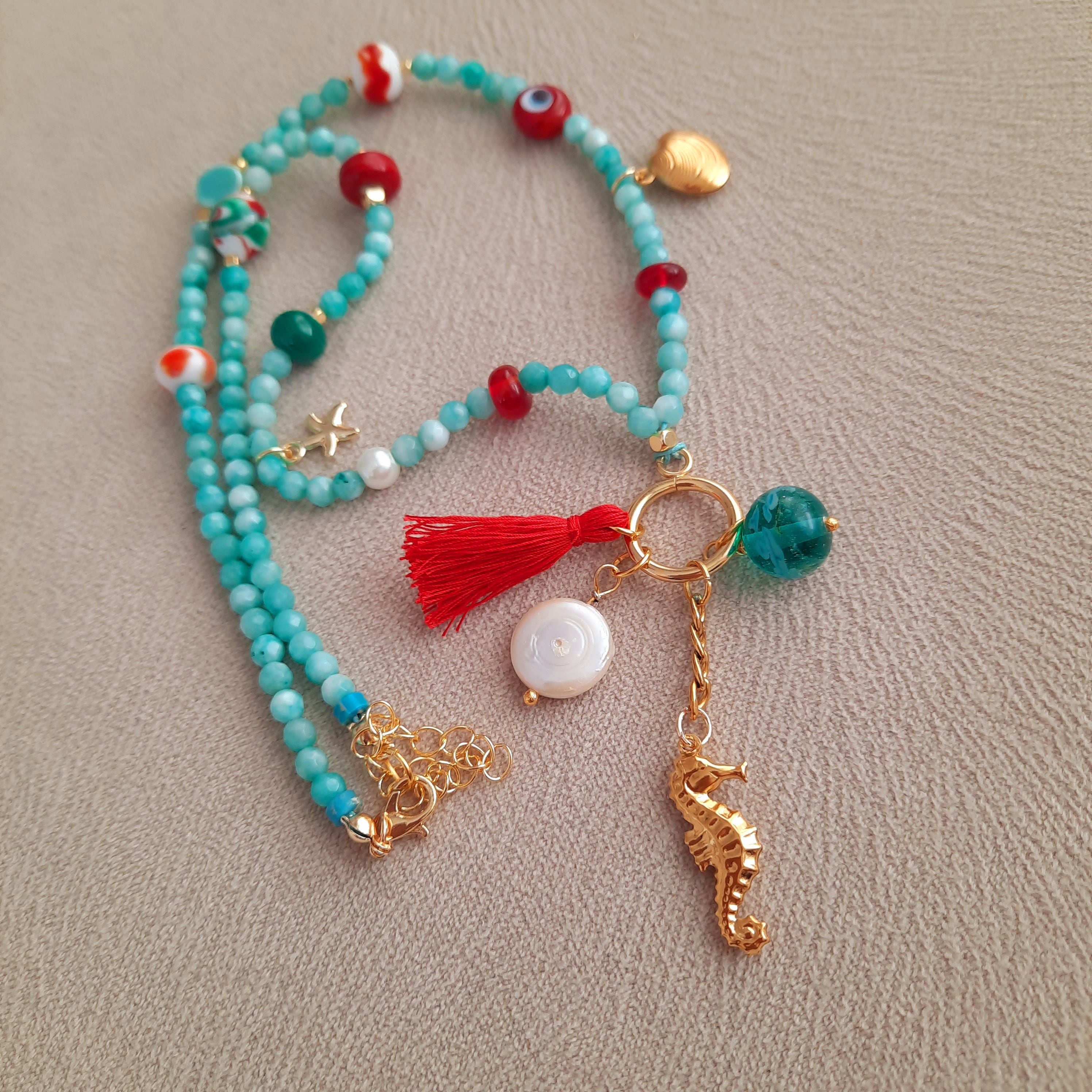 Mayorka İnci Deniz Atı Midye Amazonit Kolye