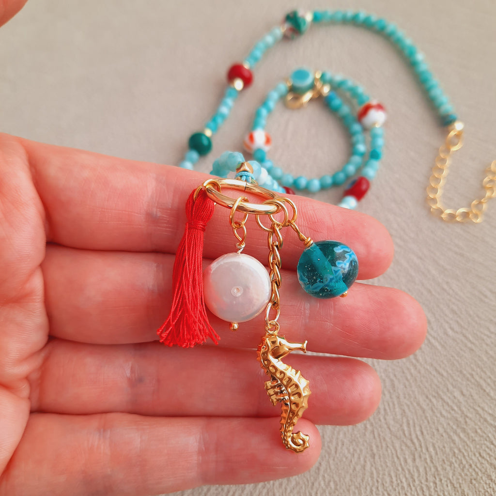 Mayorka İnci Deniz Atı Midye Amazonit Kolye