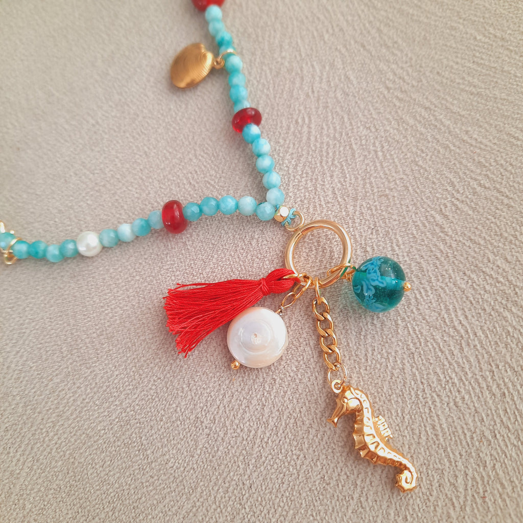 Mayorka İnci Deniz Atı Midye Amazonit Kolye