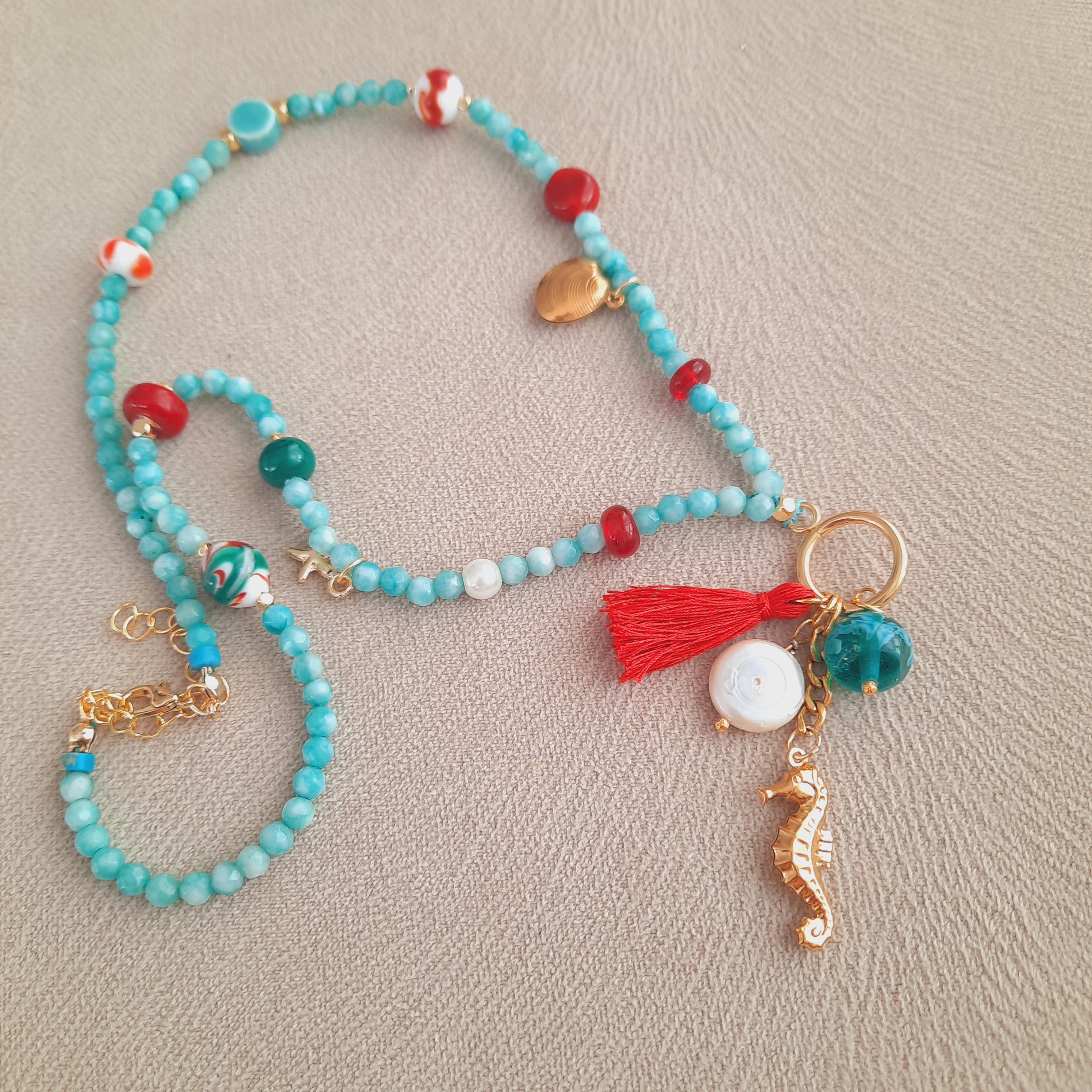 Mayorka İnci Deniz Atı Midye Amazonit Kolye