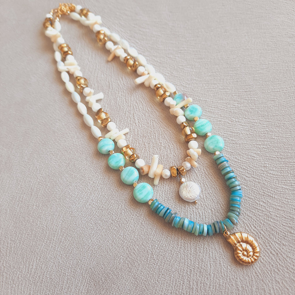 İkili Kombin Sedef İnci Mercan Mavi Beyaz Kolye