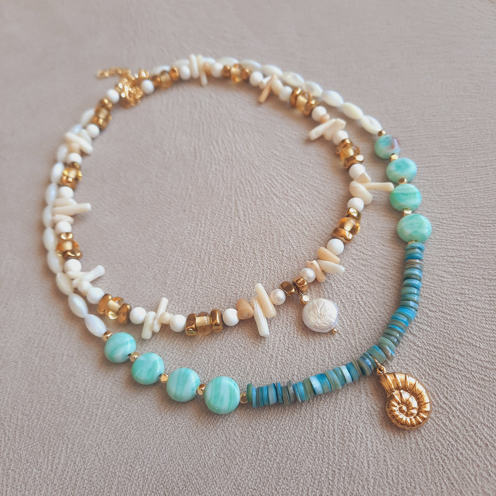 İkili Kombin Sedef İnci Mercan Mavi Beyaz Kolye