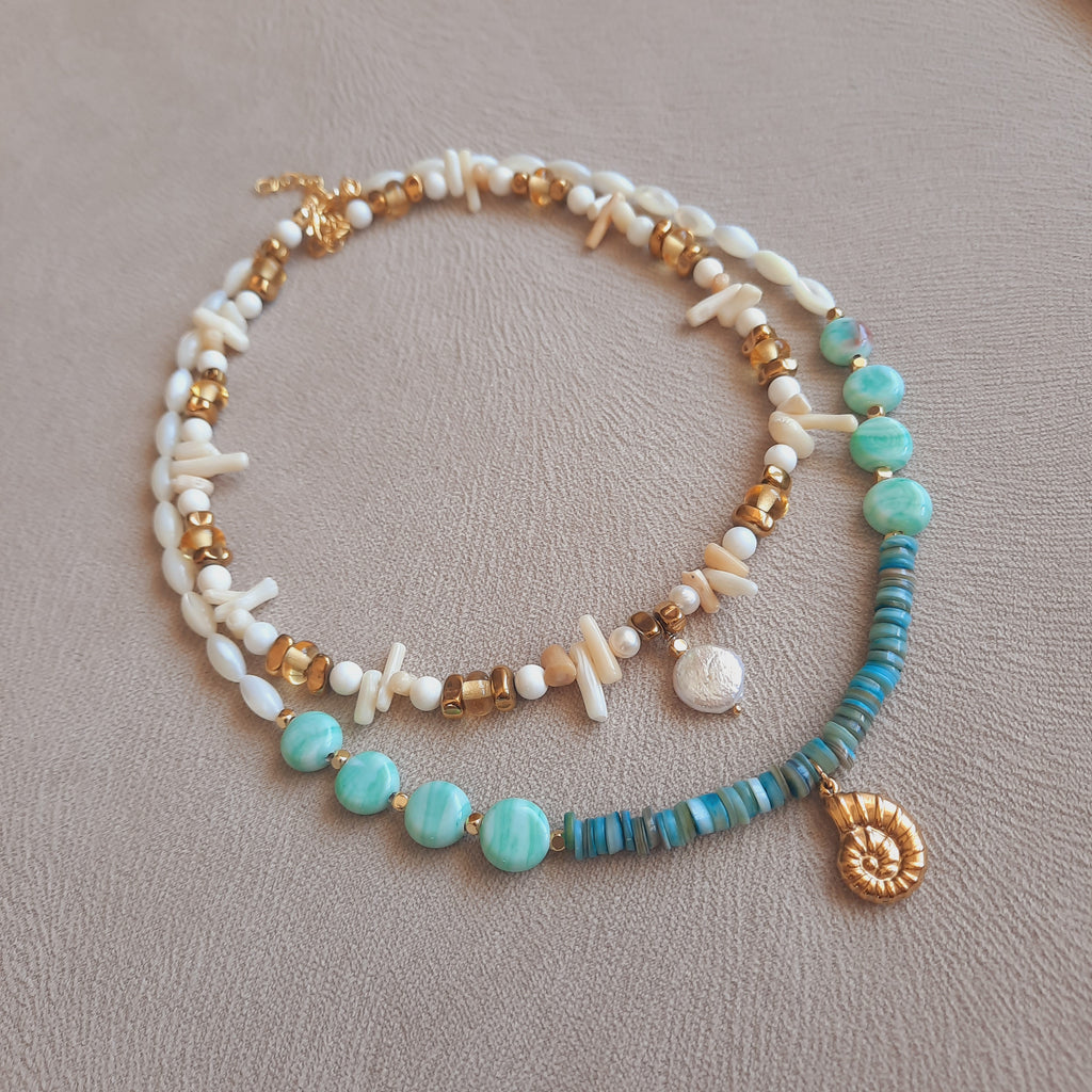 İkili Kombin Sedef İnci Mercan Mavi Beyaz Kolye