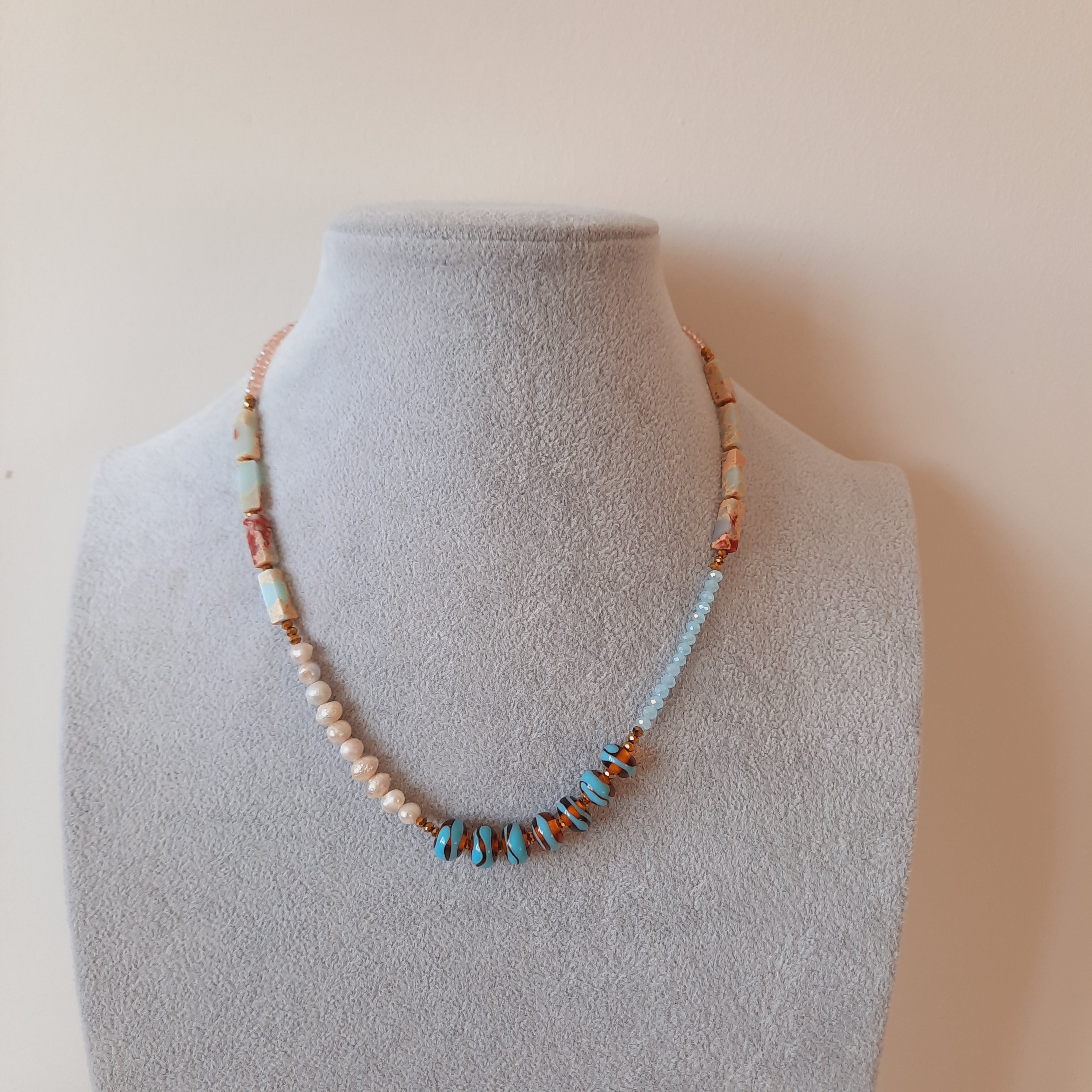 Mavi Bal Kahve Murano İnci Kolye ve Küpe Seti