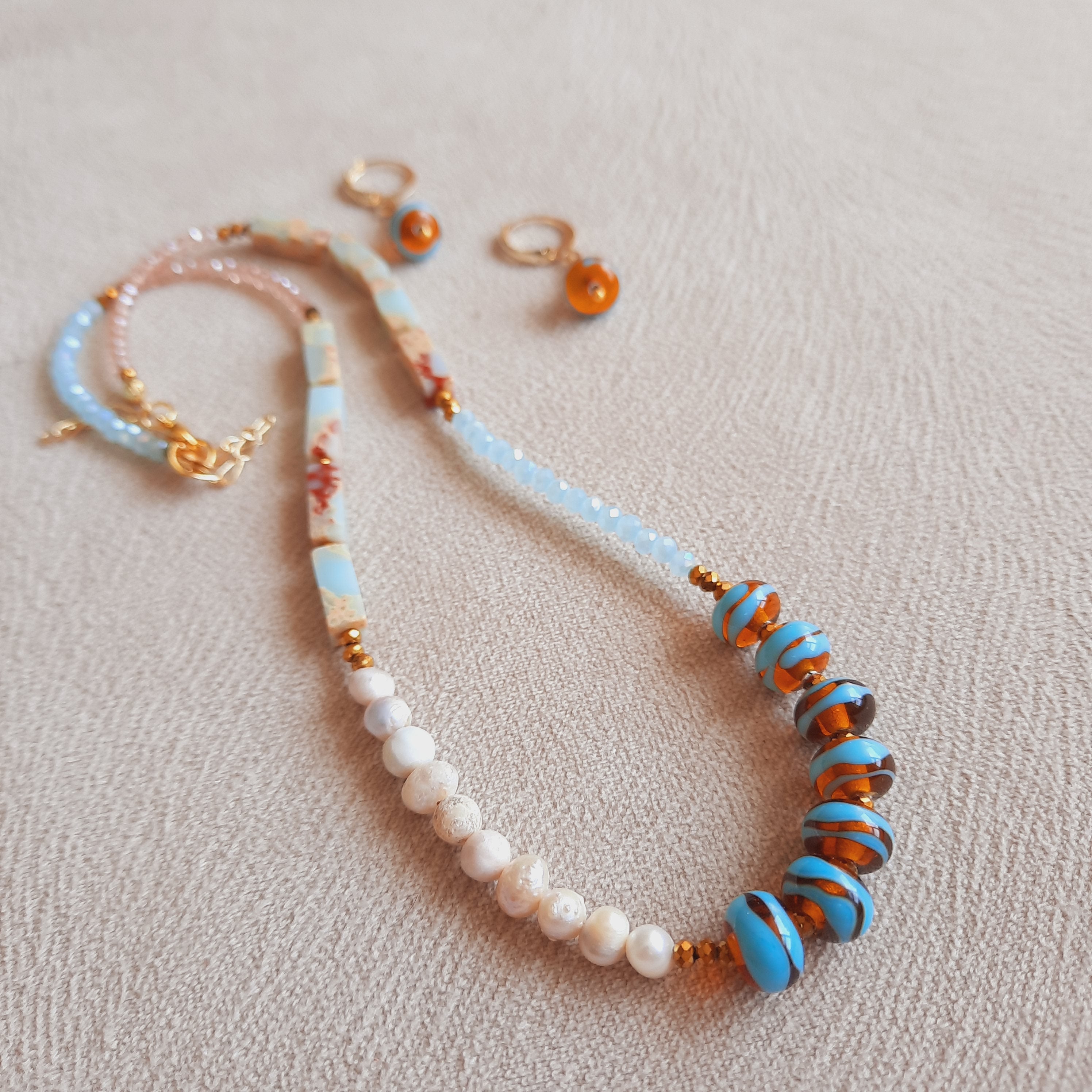 Mavi Bal Kahve Murano İnci Kolye ve Küpe Seti