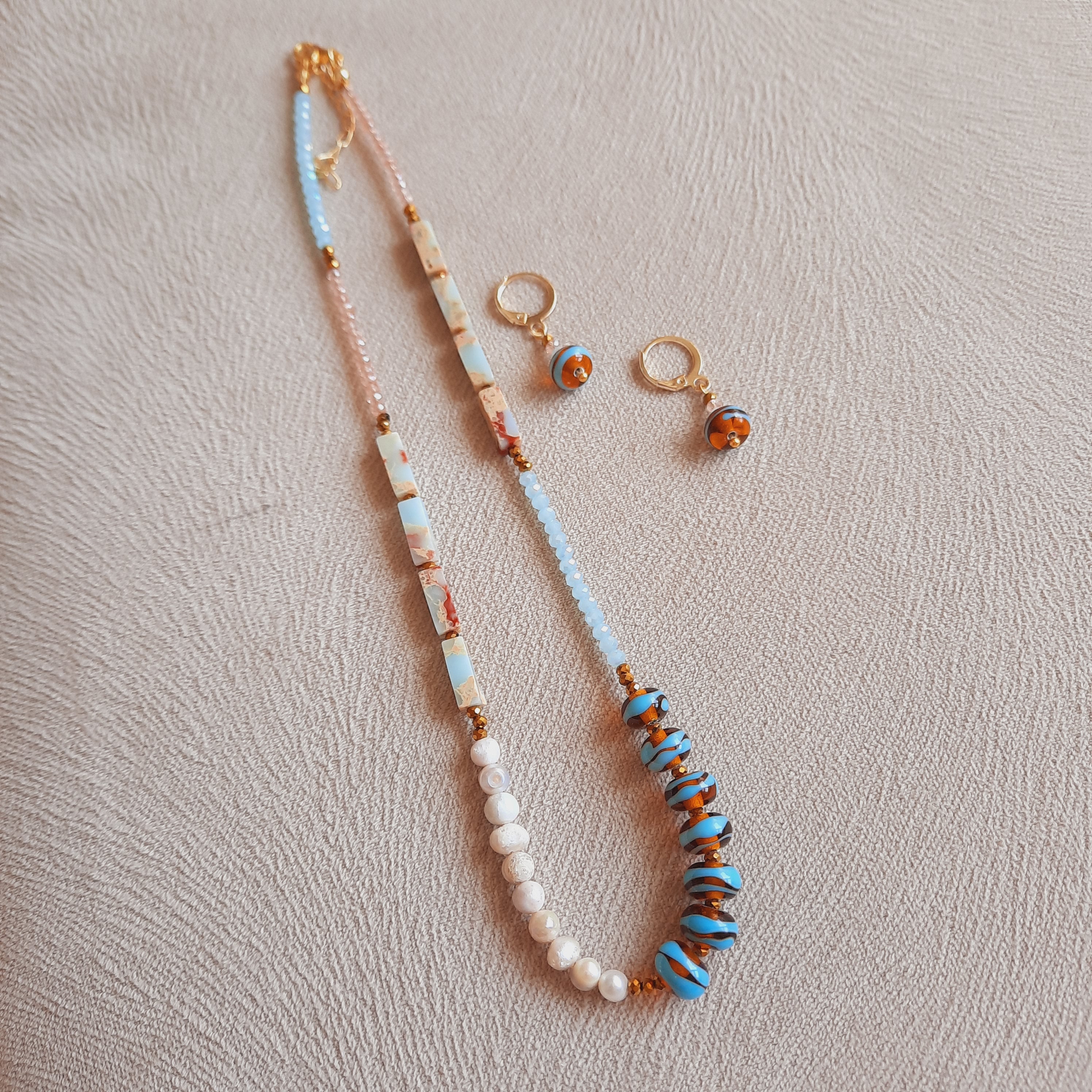 Mavi Bal Kahve Murano İnci Kolye ve Küpe Seti